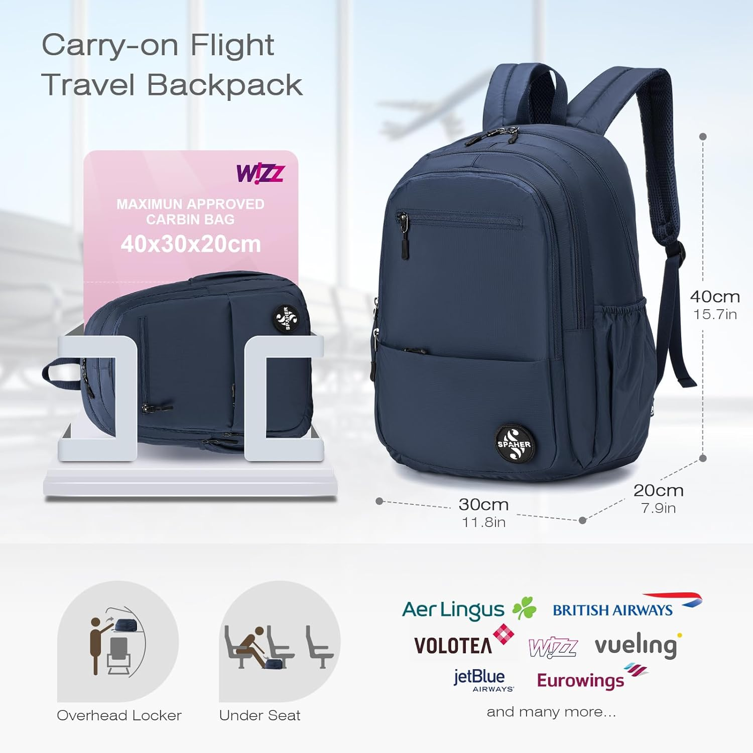 SPAHER Underseat Cabin Bags Wizzair 40X30X20 School Travel Backpack for Women Men School Bags Carry on Luggage Backpack Waterproof Casual Sports Backpack Daypack 25L image number 1