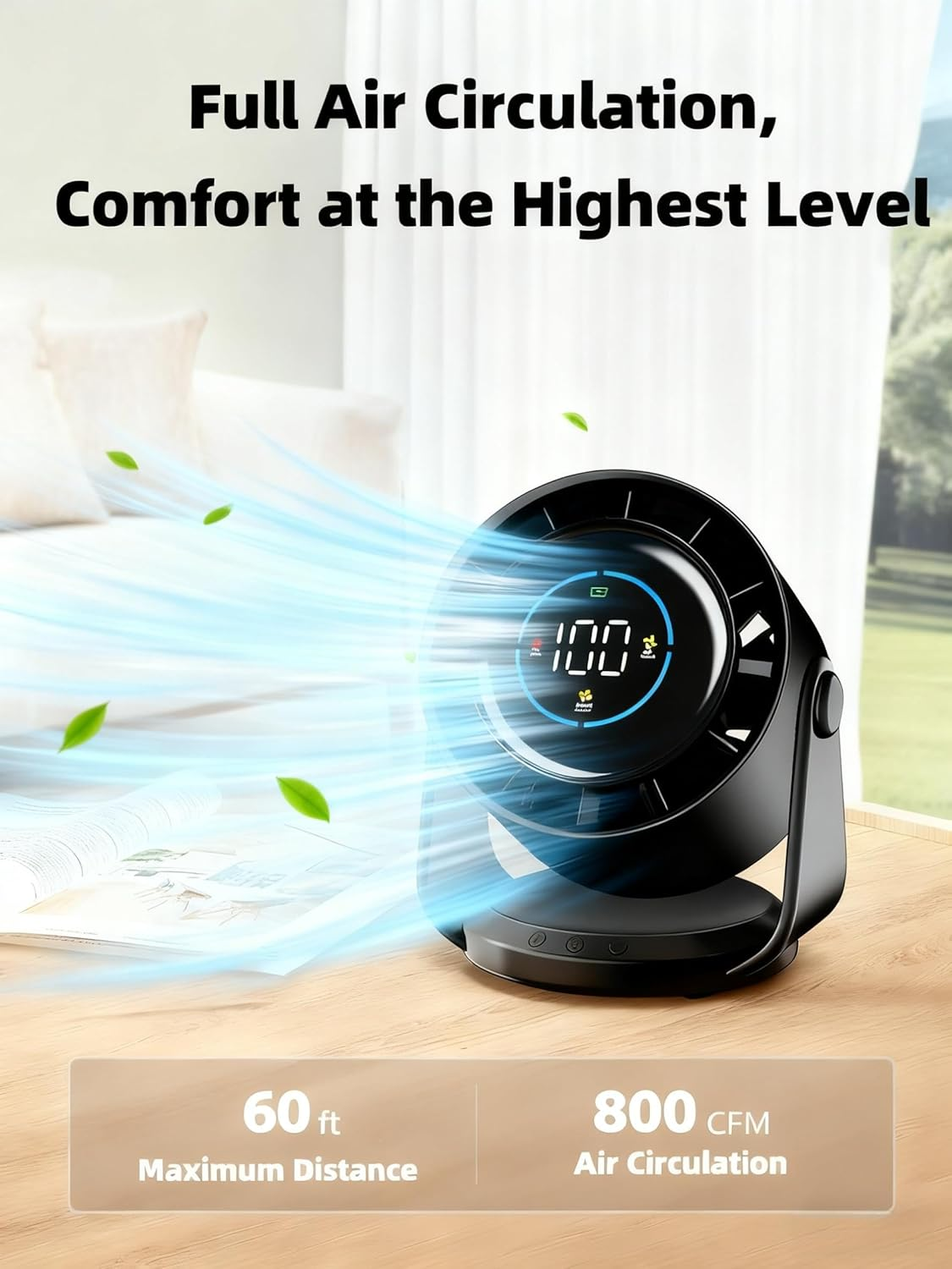 TUXOIUBA Desk Fan with Battery Operated, Turbo Table Fan for Bedroom, 4-Speed Digital Display, Low Noise, 105&deg; Adjustable Tilt, Personal Desktop Fan for Bedroom Office, Black image number 2