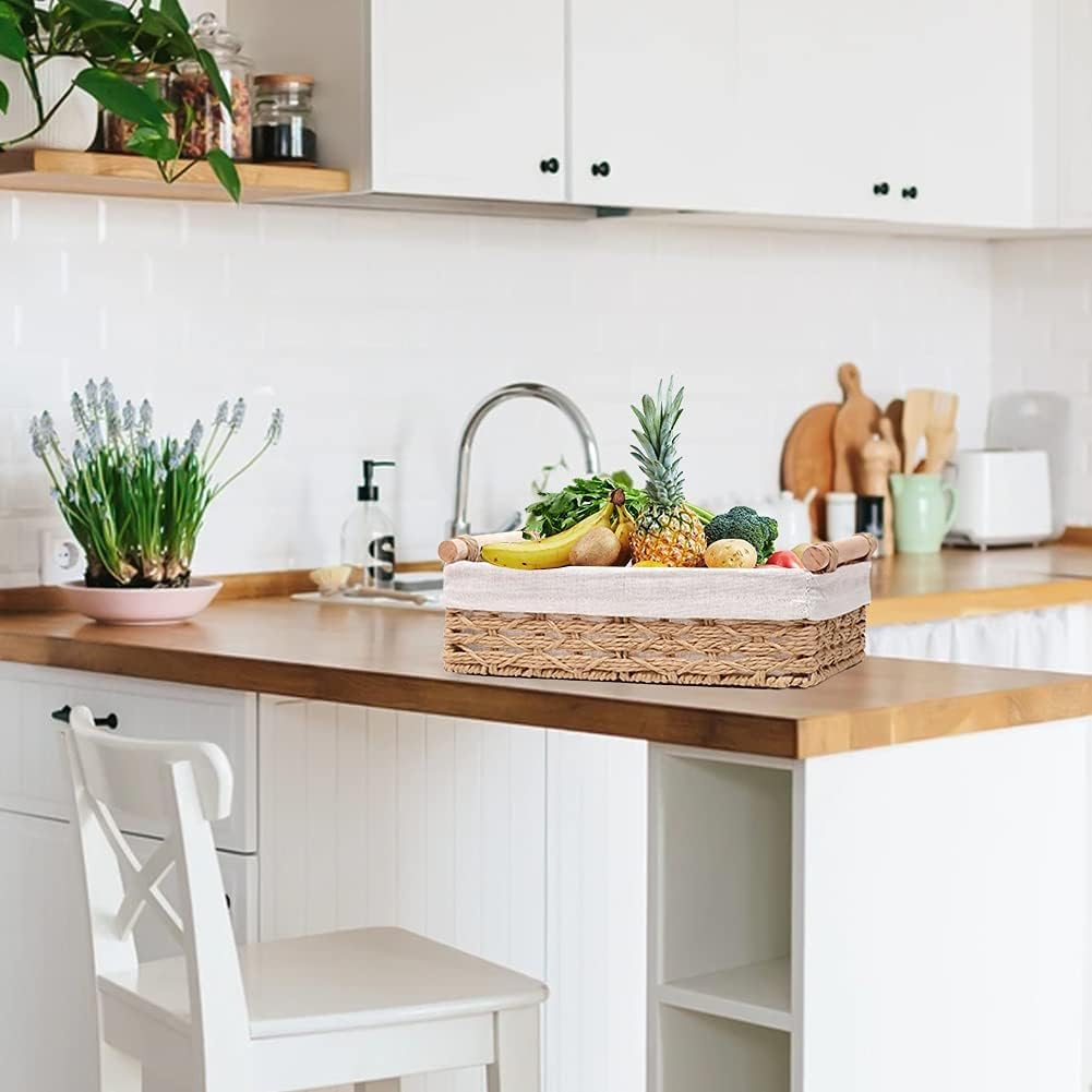 MZDMY Storage Basket,Storage Organiser, Toilet Paper Basket, Countertop Decoration Box, Wicker Basket for Home Decoration and Bathroom Organization with Handles 2-Piece Set (Beige) image number 2