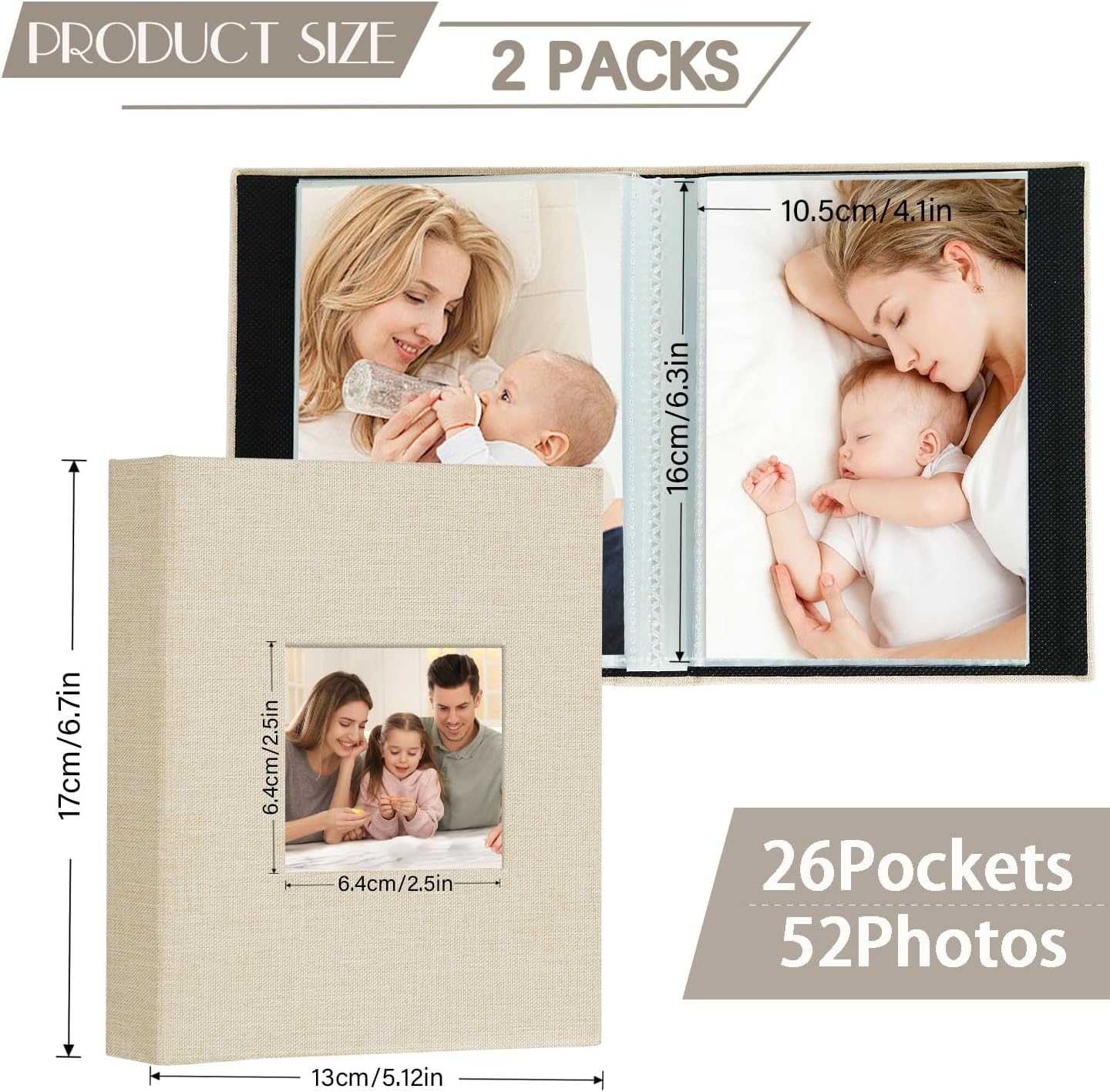 Miaikoe Small Photo Album 6X4 50 Pockets 2 Packs, Slip in Top Loading Linen Album Book Holds 100 Vertical 10X15Cm Photos for Family Wedding Baby(Beige)