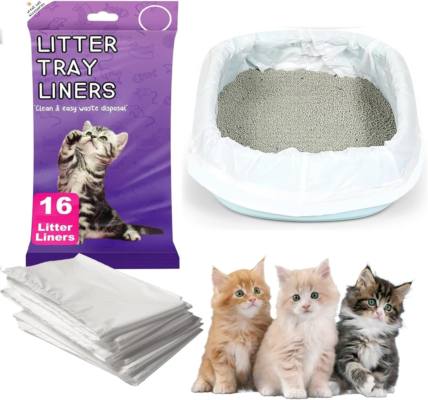 16 Kitty Cat Litter Trays Liners, Fits to Most Cat Litter Tray Liners, Easy to Dispose & Hygienic Cat Litter Liners, for 40Cm X 30Cm Liners (1 Pack, 16 Bags) image number 1