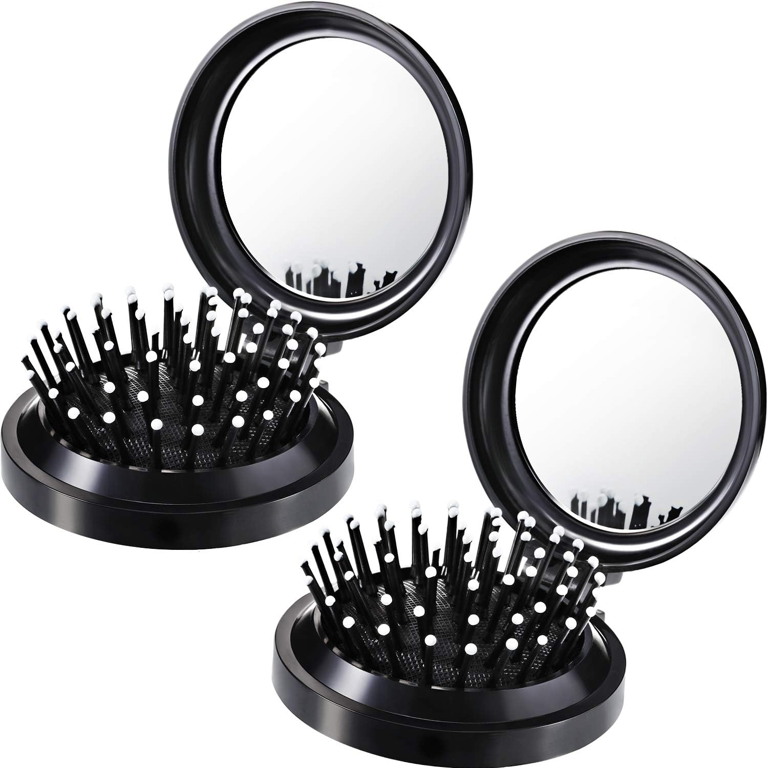 Boao 2 Pack Foldable Travel Mirror Hair Brushes round Portable Folding Pocket Hair Brush Mini Comb Compact Travel Size Massage Comb for Men Women(Black)
