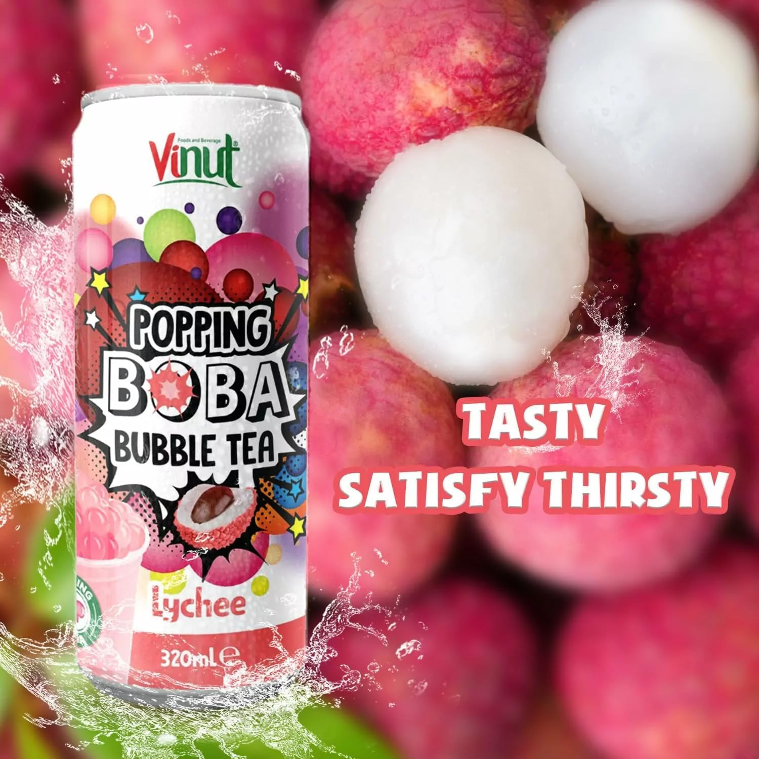 Vinut Popping Boba Bubble Tea Lychee Fl 320Ml 6 Pack image number 1