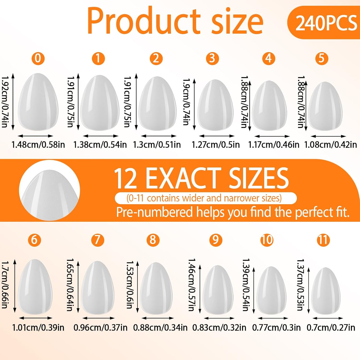 240Pcs Almond Nail Tips, 12 Sizes Pre-Shaped Half Matte Full Cover Clear Soft Gel Fake Nails, Pointed Acrylic Nail Tips for Gel Nail Extension & DIY Nail Art