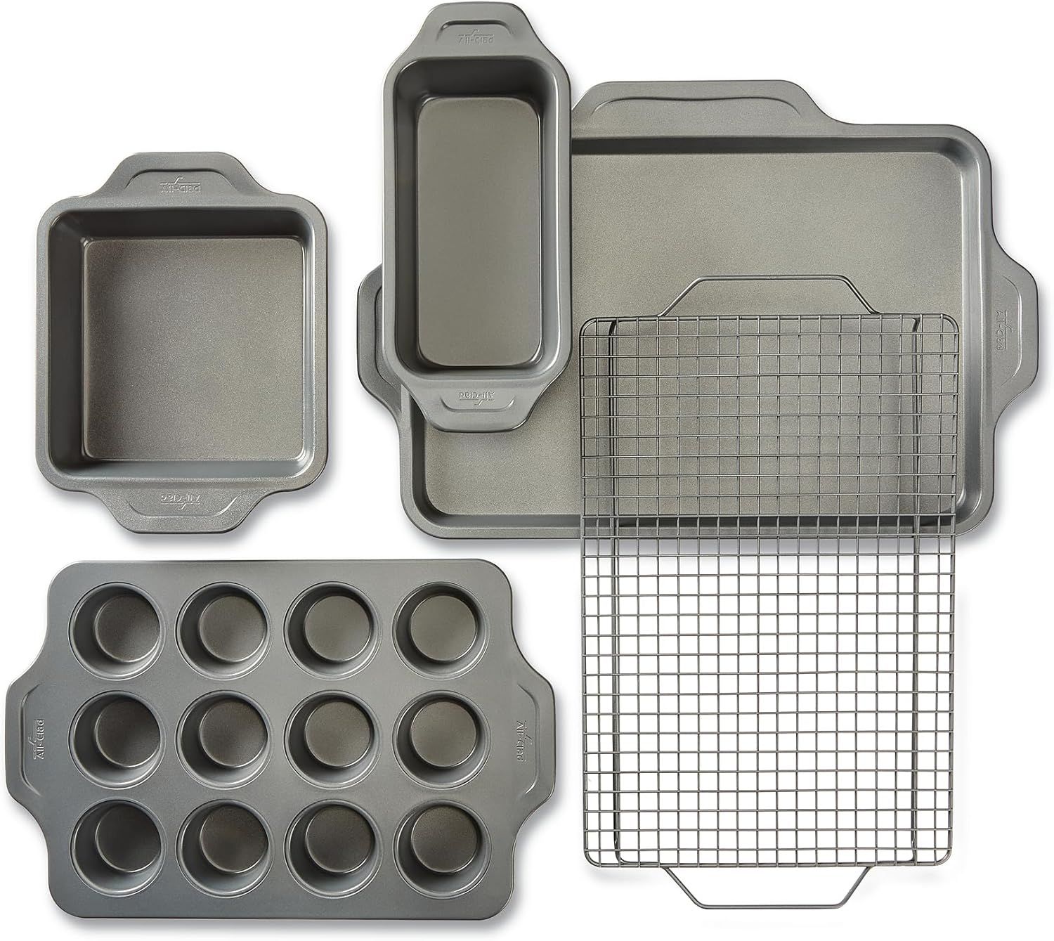 All-Clad Pro-Release Nonstick Bakeware Set 3 Piece Oven Safe 450F Half Sheet, Cookie Sheet, Muffin Pan, Cooling & Baking Rack, round Cake Pan, Loaf Pan, Baking Pan Grey