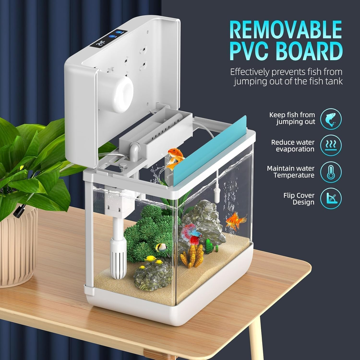 MINYII Fish Tank Aquarium 2.2 Gallon with Humidifier 7 Color Looping Light with Timer Self-Cleaning 3 in 1 Water Pump with Filteration & Oxygenation & Circulation, Temperature Display (White) image number 2