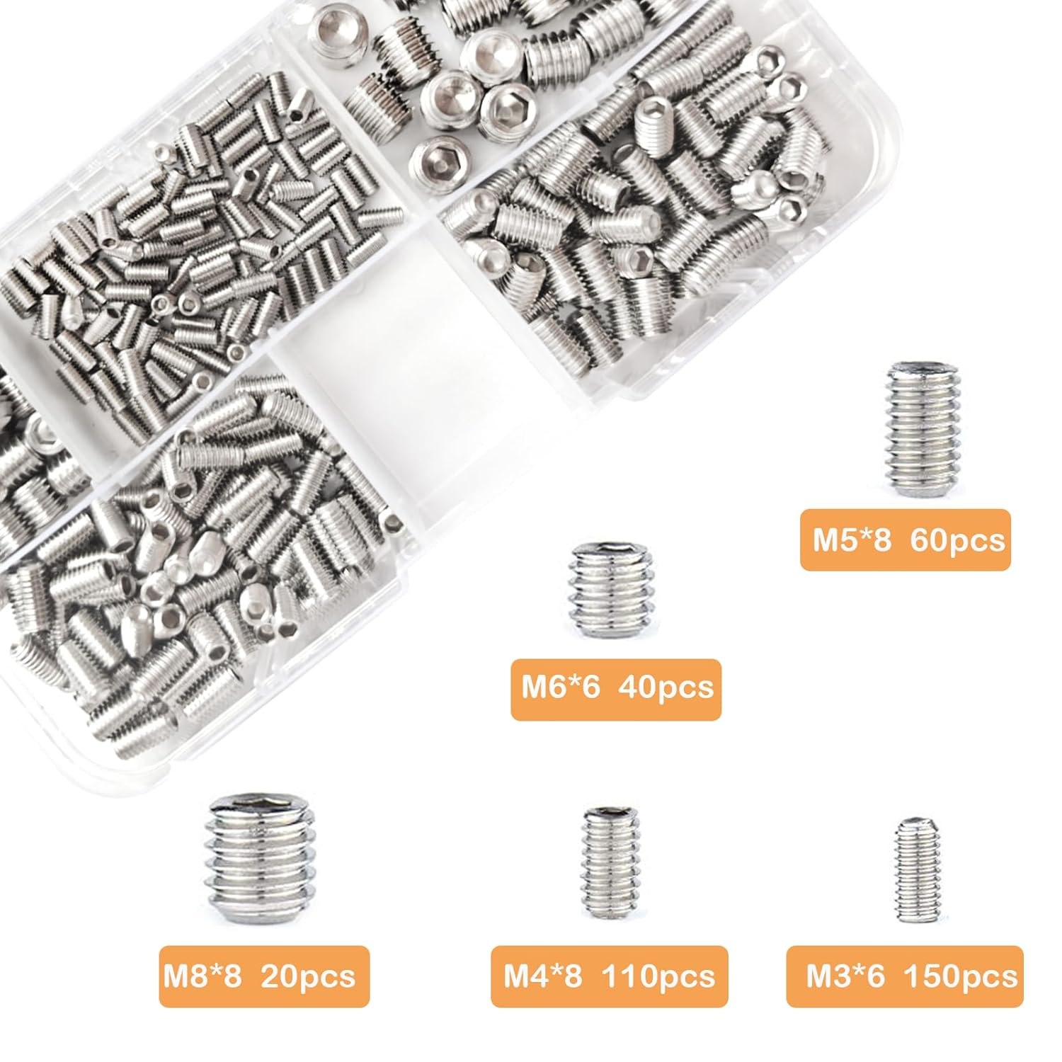 Ymaiss 380Pcs 304 Stainless Steel Hex Allen Head Socket Set Screws Grub Screw Bolts Assortment Kit Internal Hex Drive Cup-Point Set Screws 5 Sizes M3 M4 M5 M6 M8 image number 4