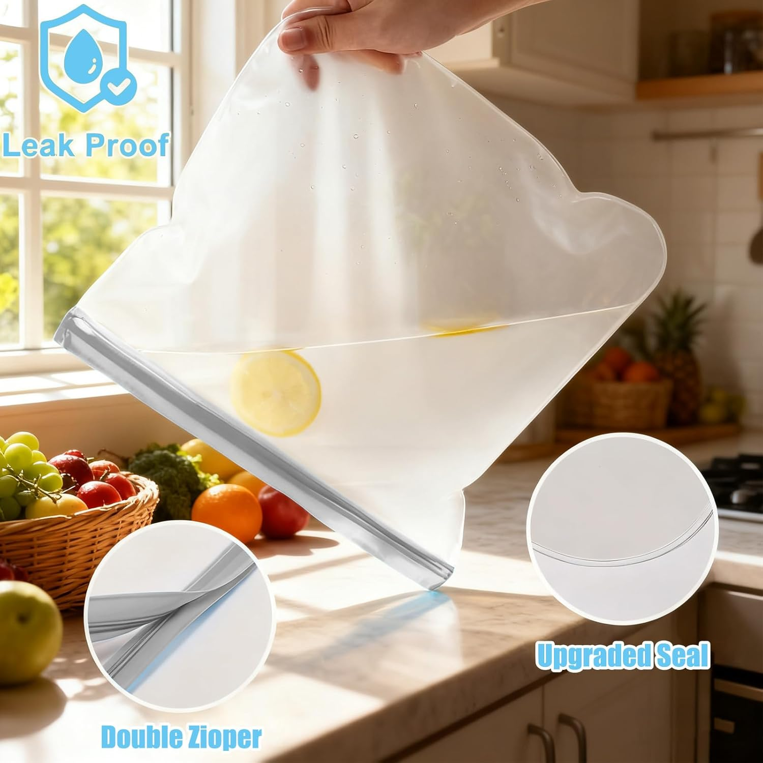 Freezer Bags PEVA, 11&times;11Inch, Leakproof, Dishwasher Safe, Bpa-Free+Stores Meats, Cereal, Veggies; Home Organization+Home Cooks, Families+Practical, Durable, Food-Safe+Reusable Freezer Bags(8Pcs, Grey) image number 2