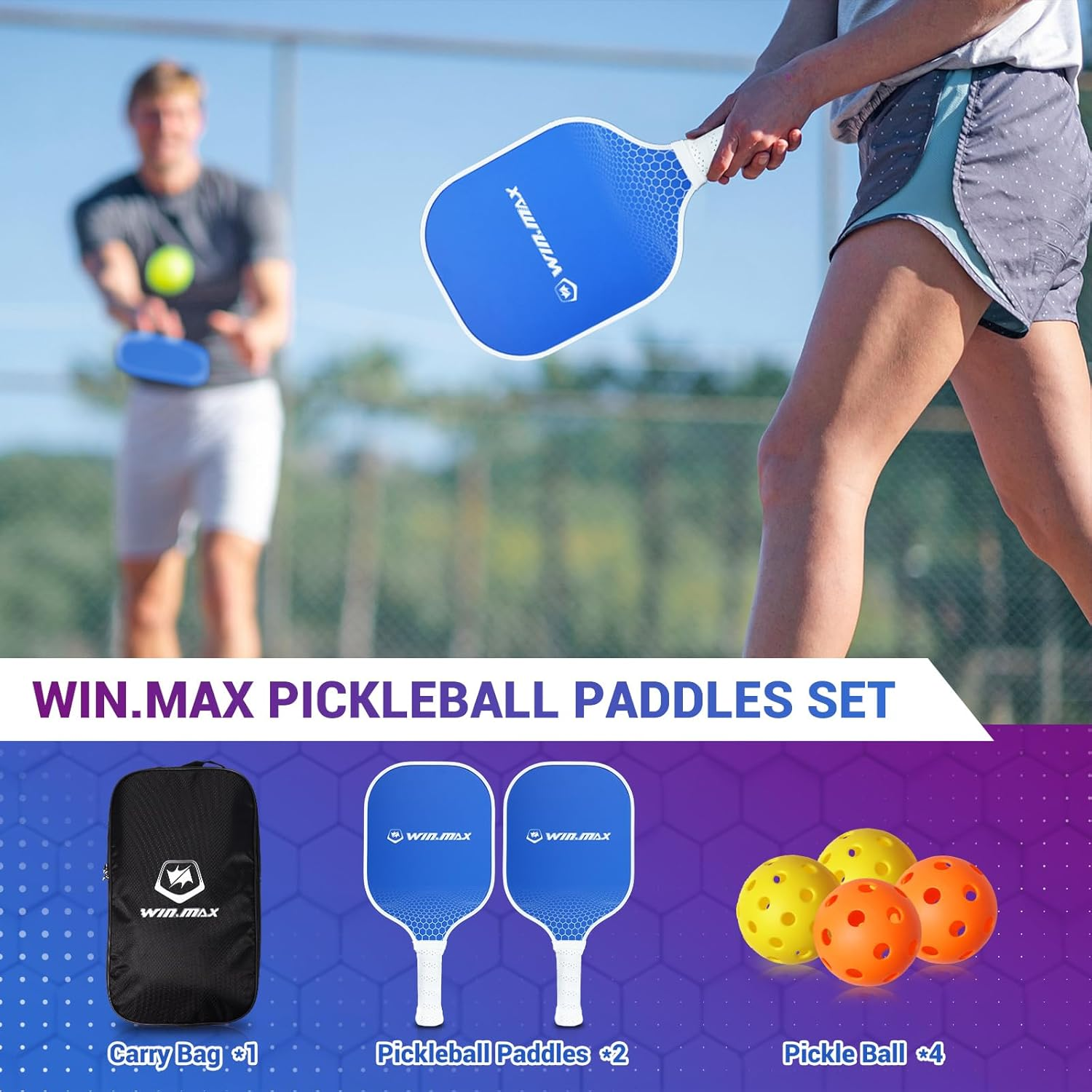 Pickleball Paddles, Fiberglass Surface Pickleball Set with Pickleball Rackets, Pickleball Paddles Set ​For Men Women, 4 Pickleballs and Carry Bag (Blue) image number 2