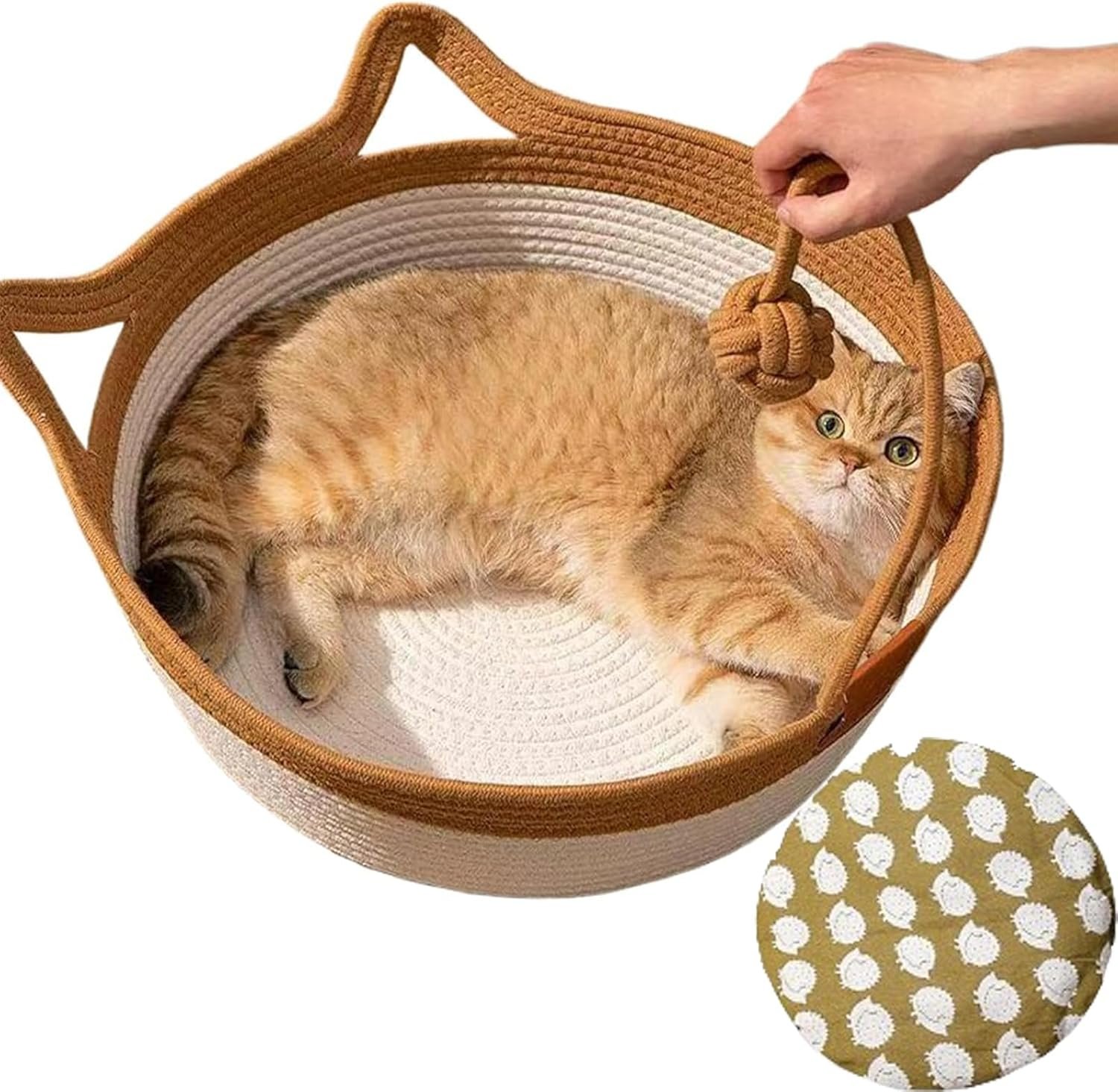 Handwoven Cotton Rope Cat Basket Breathable & Easy to Clean, Foldable Scratchable Cat Bed with a Playing Ball for Kittens (Grey with Cushion-M)