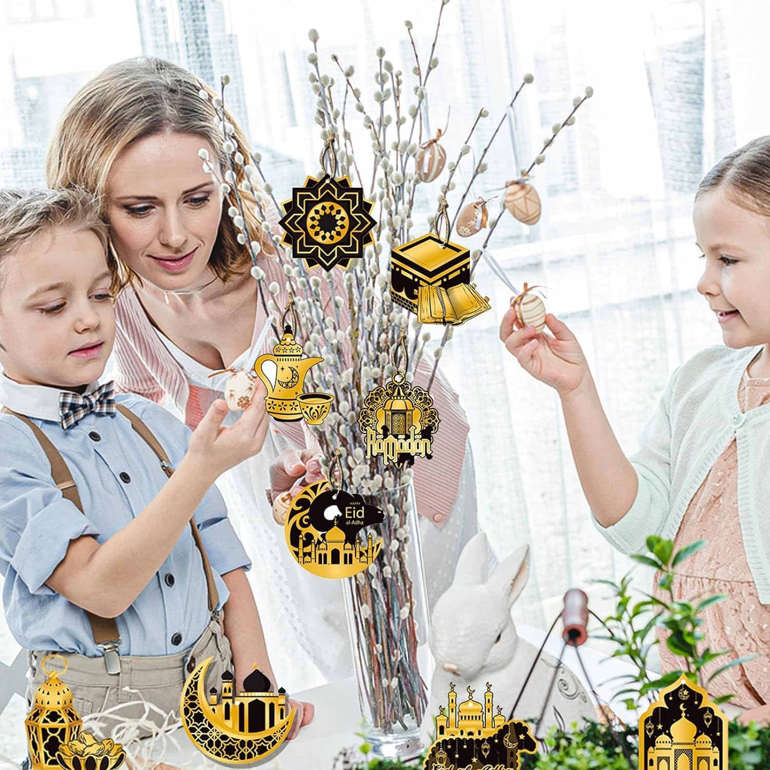 Ramadan Mubarak Garland - Eid Decorations, Hanging Ornaments with Shining Black Gold Star Moon Lantern for Home Decor, Kareem, Al-Fitr Party Supplies image number 3