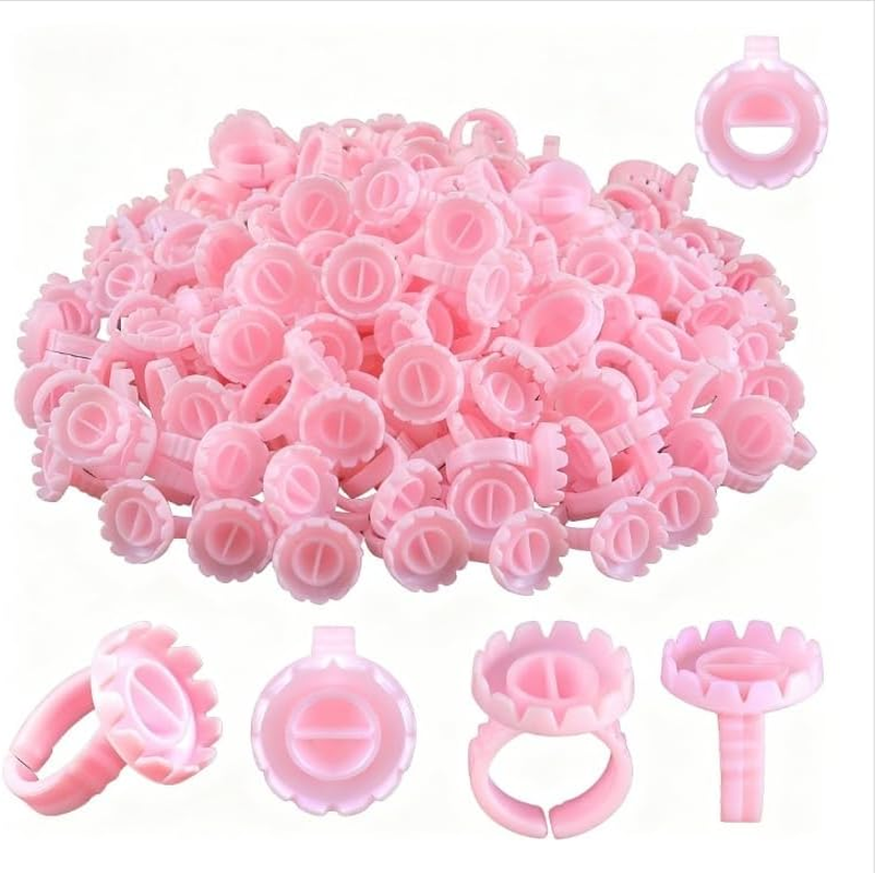 Pink Flower Shaped Plastic Lash Glue Rings, 100Pcs Lashes Lash Glues Holder Ring Glue Cup Rings, Pink Lash Extension Ring Holder Cup Glue Ring for Eyelash Extensions image number 6