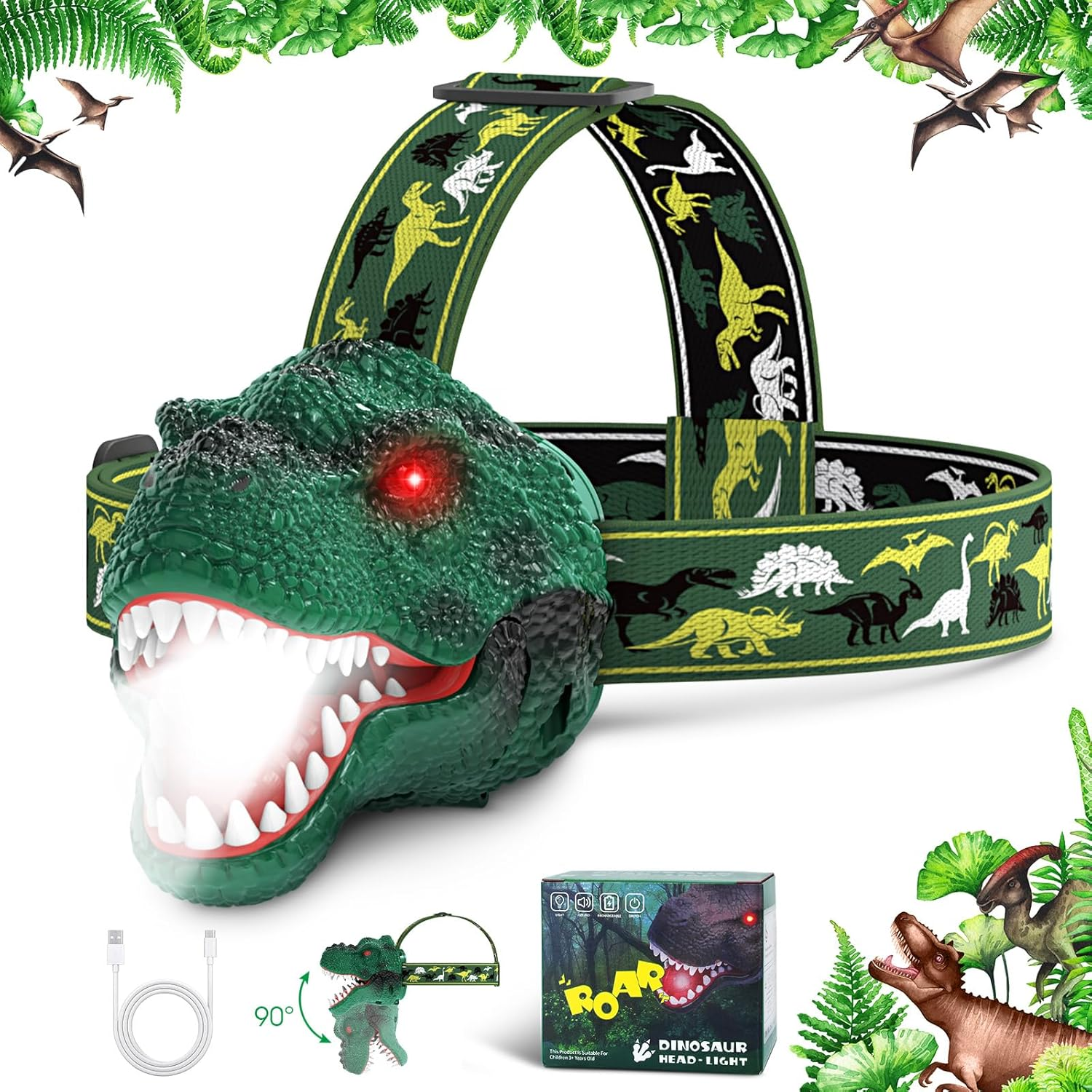 Dysaim Kids Headlamp, Rechargeable T-Rex Dinosaur Headlamp for Kids and LED Head Lamp Camping Gear Flashlight, Hiking Accessories Headlight Toys, Four Light Modes Suitable for Reading/Party Gift