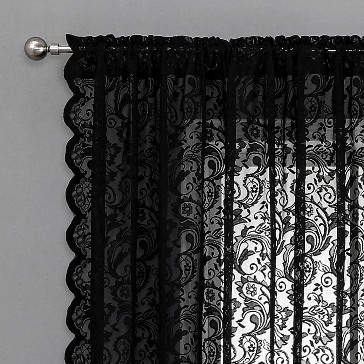 Bujasso Black Sheer Lace Curtains 84 Inch Vintage Floral Sheer Gothic Curtain Panels for Living Room Bedroom Luxury Light Filtering Drapes Black Window Treatment Sets Rod Pocket 2 Panels 54" Wx84 L image number 2