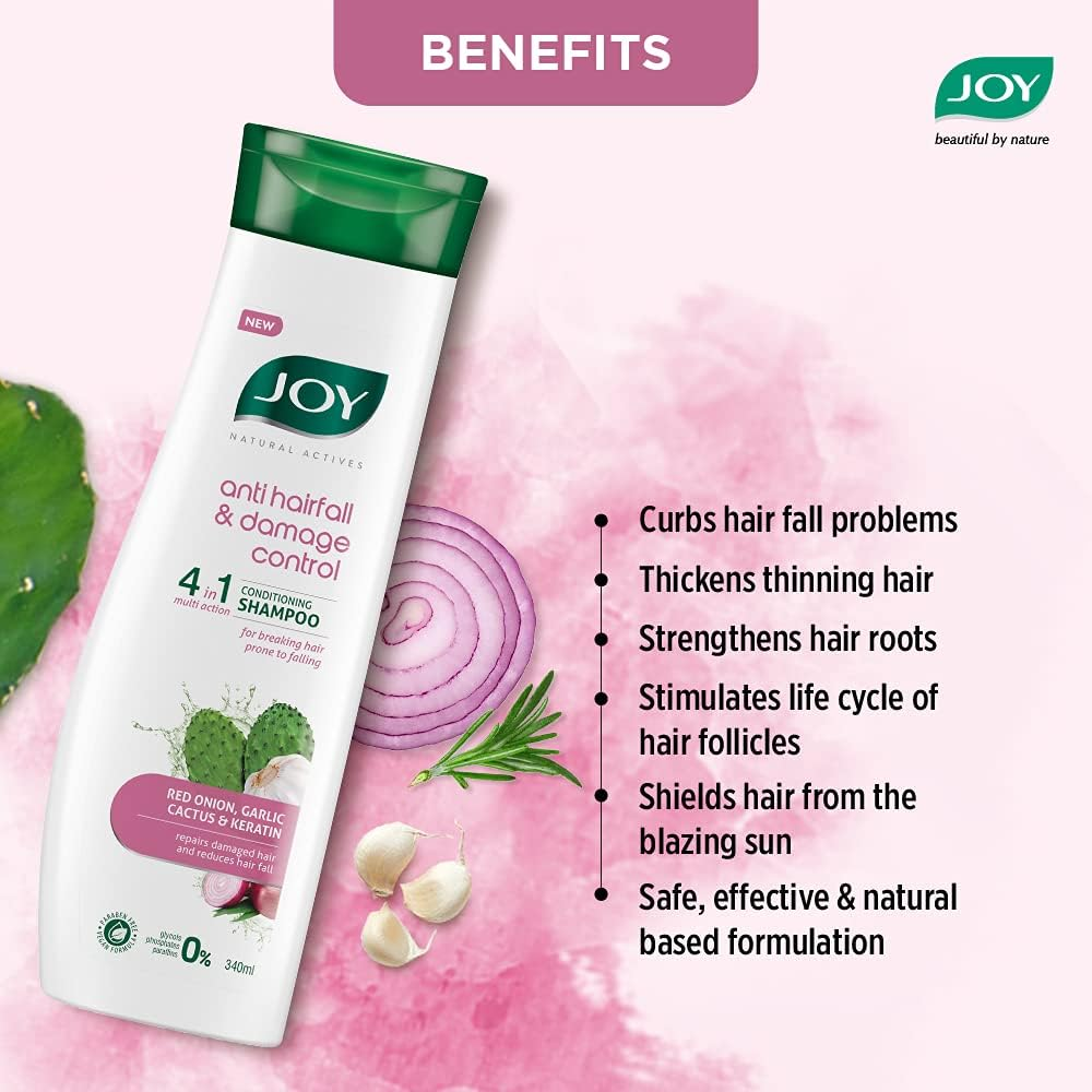 Joy Natural Actives anti Hairfall & Damage Control 4-In-1 Multi Action Conditioning Shampoo with Hydrolysed Keratin, Cactus, Red Onion & Garlic Extracts | anti Hair Fall Shampoo, Paraben Free | 340 Ml image number 2