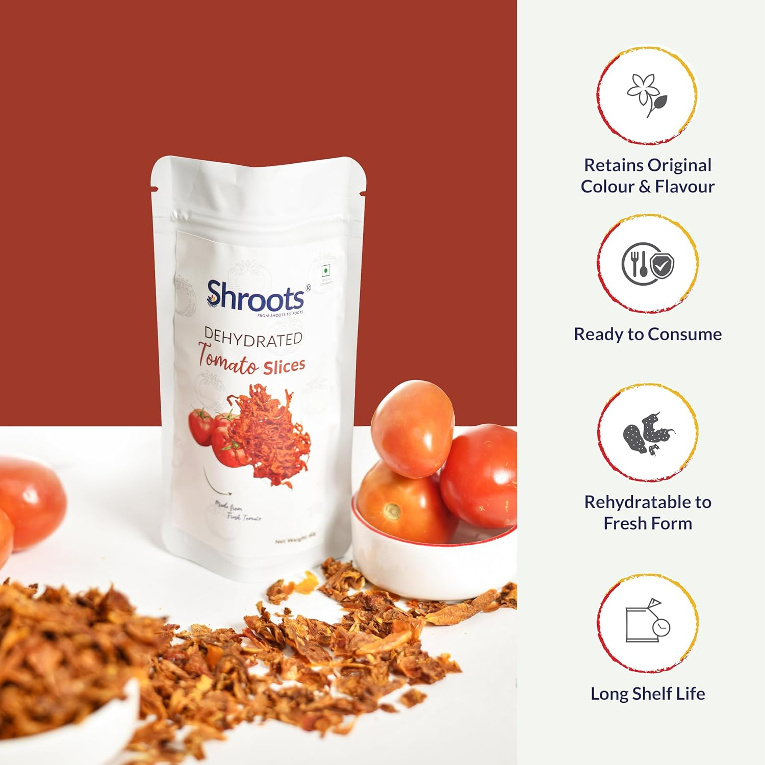 SHROOTS Dehydrated Tomato Flakes Pure Vegetarian Gluten-Free No Added Salt Easy Cooking Essential Machine Dried Vegetables with Natural Aroma Perfect for Soups, Sauces and Seasoning 1.41 Oz, Pack of 1 image number 3