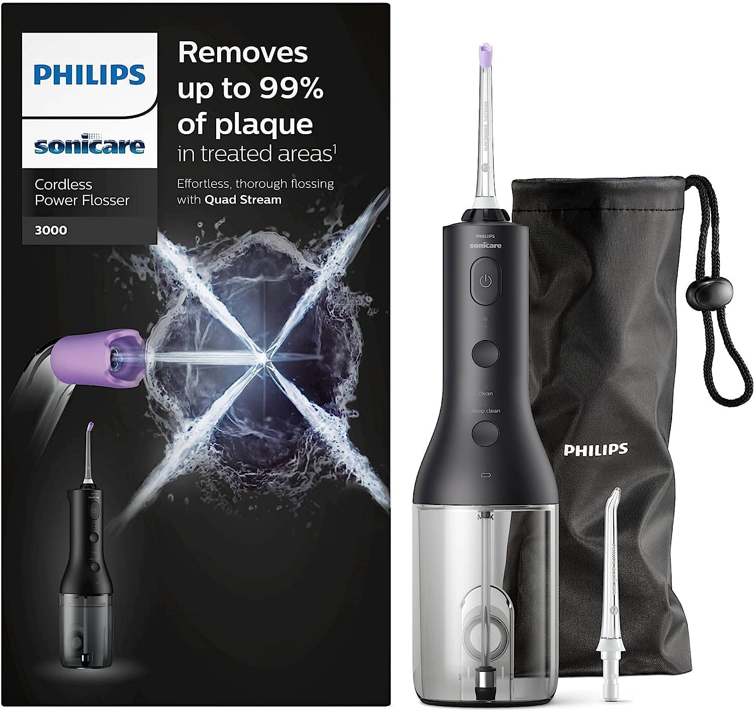Philips Sonicare Cordless Power Flosser 3000, Oral Irrigator, 2 Flossing Modes, 3 Intensities, Quad Stream Technology for Fast and More Effective Flossing, Clean in 60 Seconds (Black), HX3826/33 image number 6