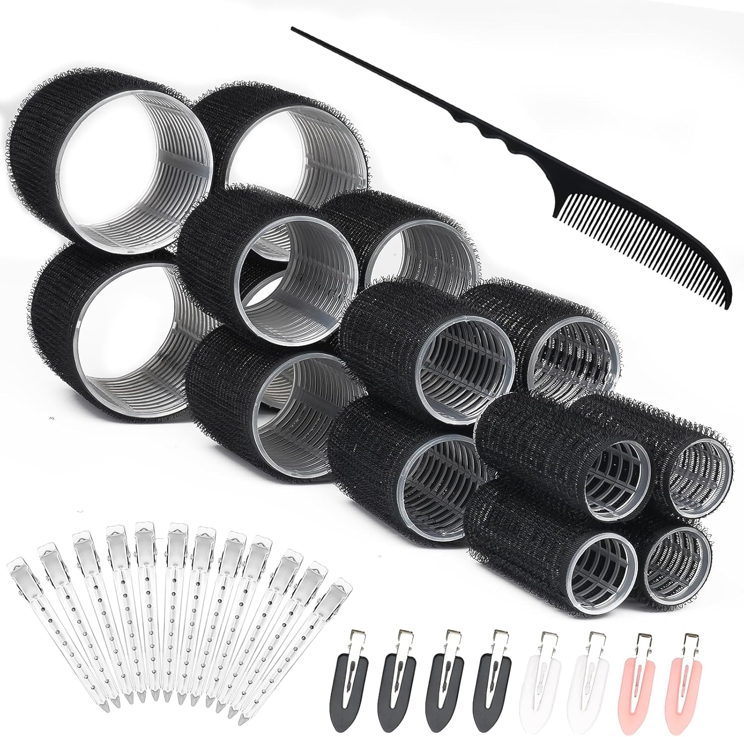 37-Piece Hair Rollers Set, Self-Adhesive Hair Rollers, Black Hair Rollers with 4 Sizes 60 Mm, 48 Mm, 36 Mm, 25 Mm, Jumbo Curlers with 20 Clips and 1 Comb for Long Medium Short Hair image number 1