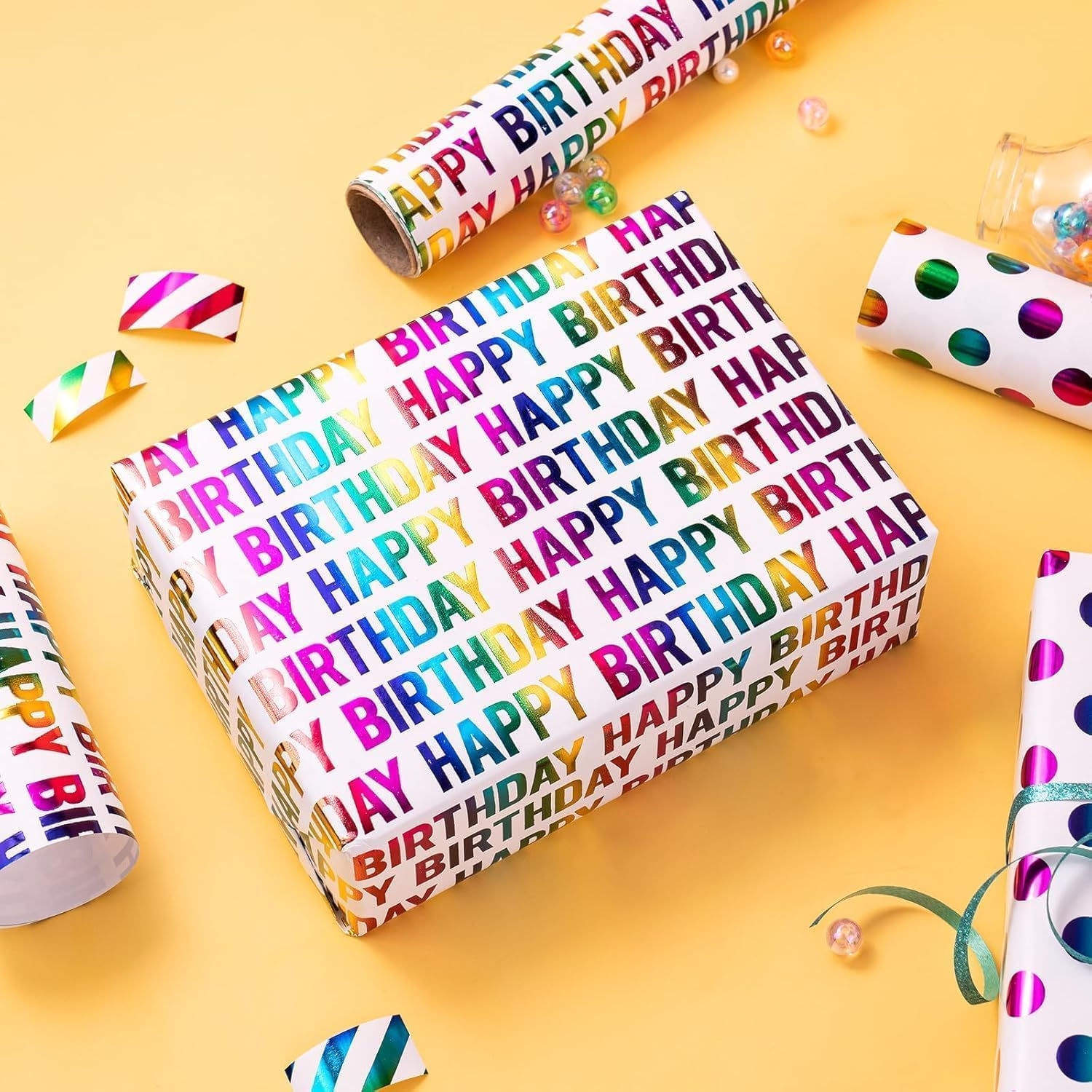 Birthday Wrapping Paper Roll,1 Rolls,Birthday Gift Wrapping Paper Paper Roll,Happy Birthday Polka Dots Stripes Design for Birthday, Holiday, Party, Wedding by H HOME-MART image number 3