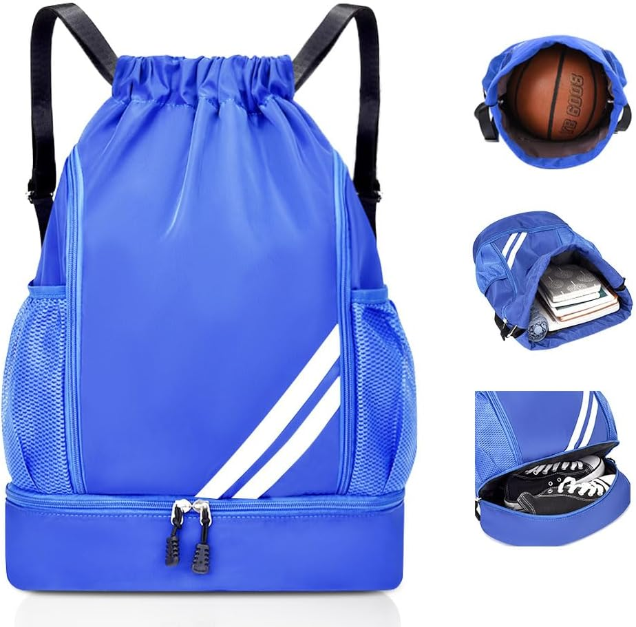 Drawstring Backpack Sports Gym Bag with Shoes Compartment, Waterproof Draw String Back Bag for Men Women