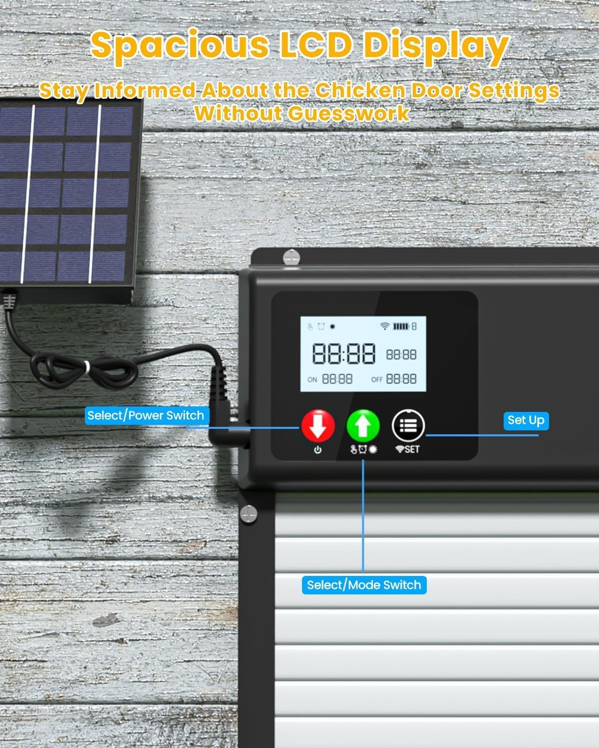 Upgraded 3In1 Wifi Automatic Chicken Coop Door Solar Powered, APP Remote Control Chicken Coops Door Opener, LCD Display, Timer Light Sensor, Electric Auto Doors 8000Ma Battery, Anti-Pinch image number 1