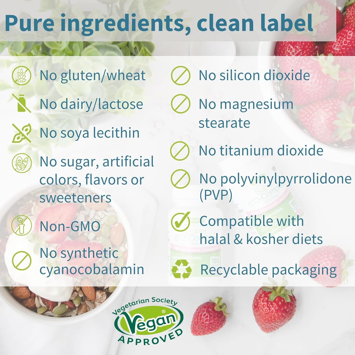 Super B12-Complex 1000Mcg, High Absorption Sublingual Vitamin B12 in Three Bioactive Forms with Methylcobalamin, Vegan, 180 Tablets image number 4