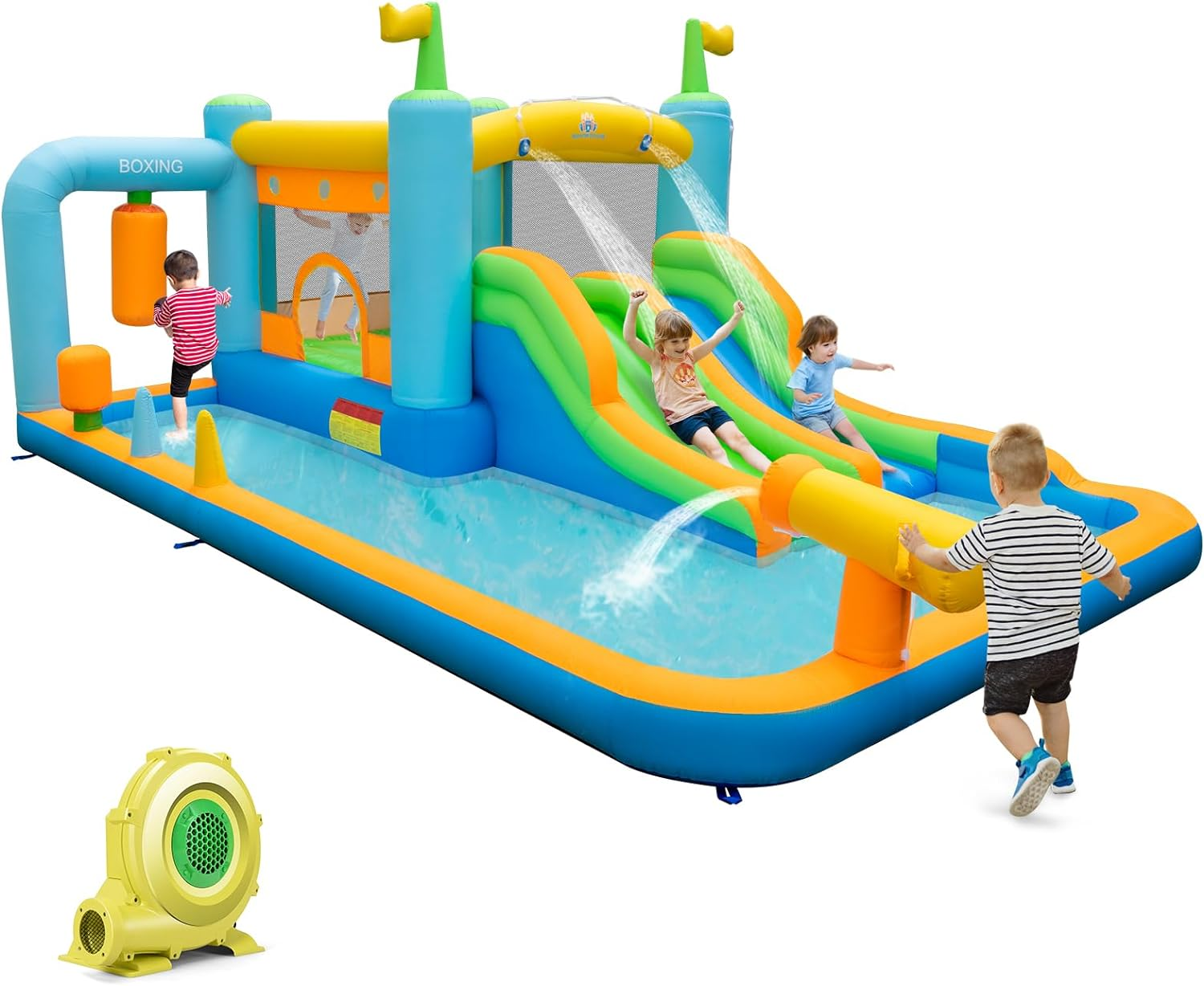 HONEY JOY Inflatable Water Slide, Kids Jumping Castle W/Dual Slides, Boxing Sandbag, Splash Pool, Water Cannon, Basketball Rim, Outdoor Blowup Water Park Bounce House for Children (With 680W Blower) image number 4