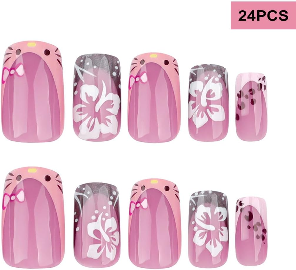 24PCS Cute Kitty Press on Nails,Medium French False Nails with Flower Pattern Design,Pink Purple Gradient Square Coffin Fake Nails for Women or Girls - Style-3 image number 4