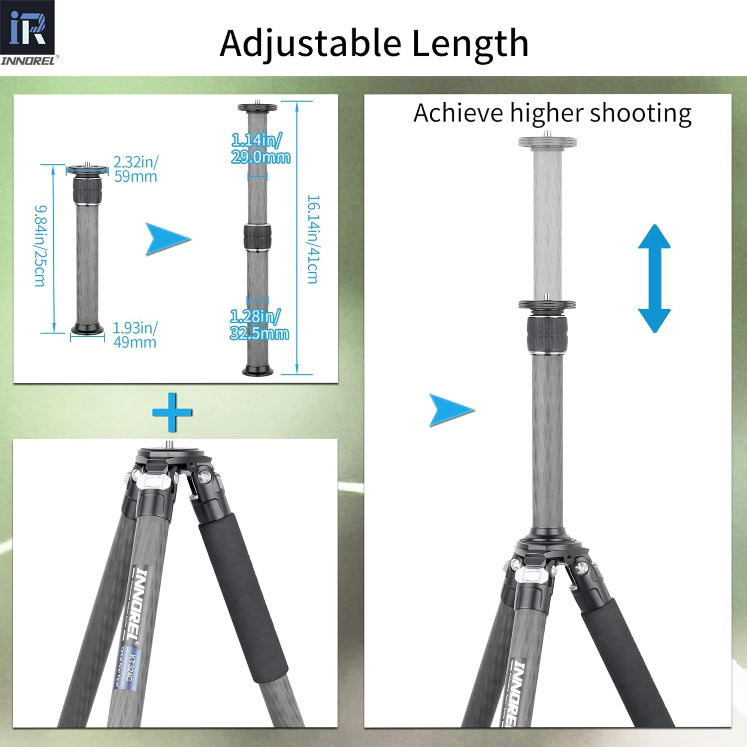 Tripod Extension-Innorel ER322C 41Cm Universal Carbon Fiber Tripod Center Column Load 25Kg Two-Section Mid-Column Extension Rod Pole for Tripod Monopod DSLR Camera 32.5Mm Tube image number 6