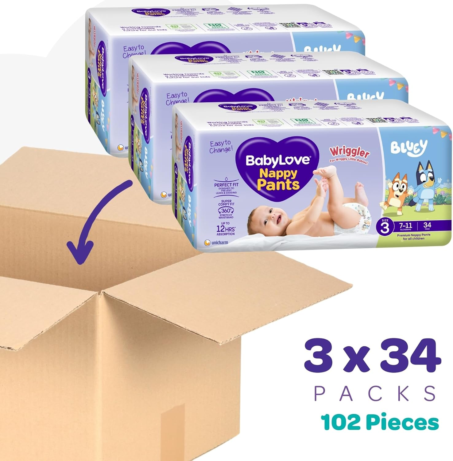 Babylove Nappy Pants Size 3 (7-11Kg) 34 Pack (Set of 3, Total 102 Pieces) image number 2