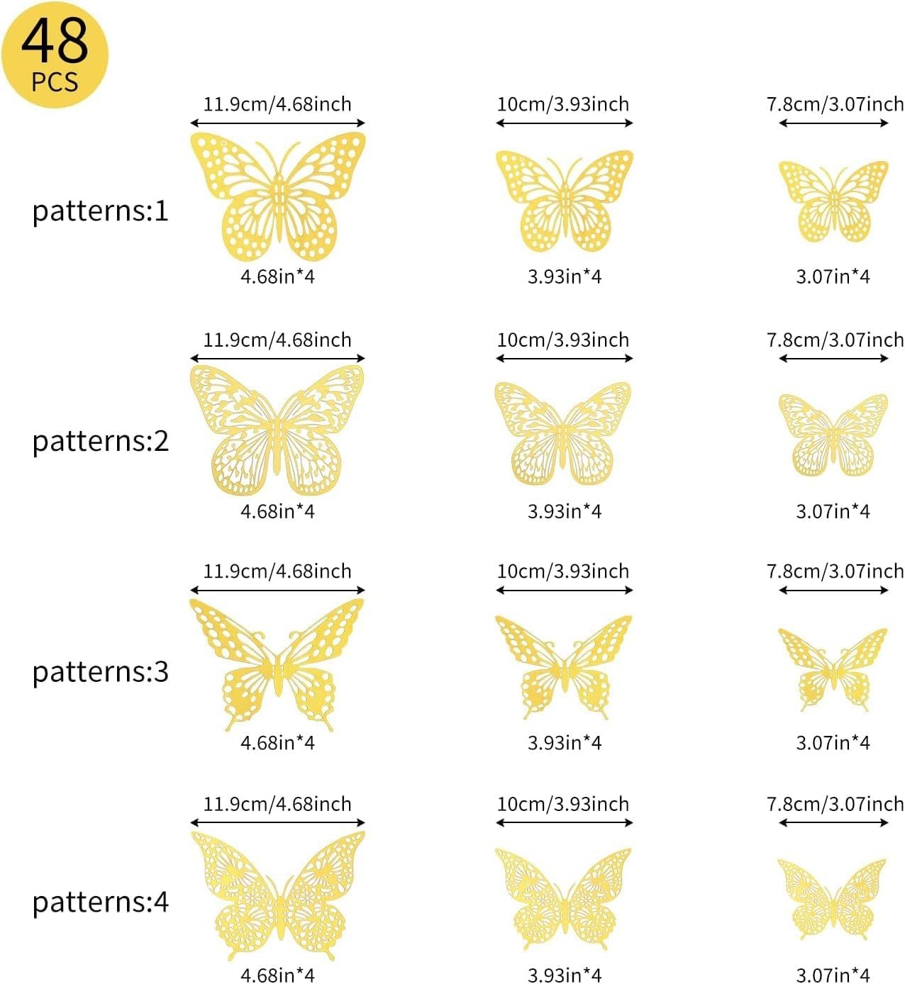WADY 48 Pcs Butterfly Decorations 4 Styles 3 Sizes, 3D Butterfly Wall Decor Gold Party Decorations, Removable Stickers (Gold) image number 5