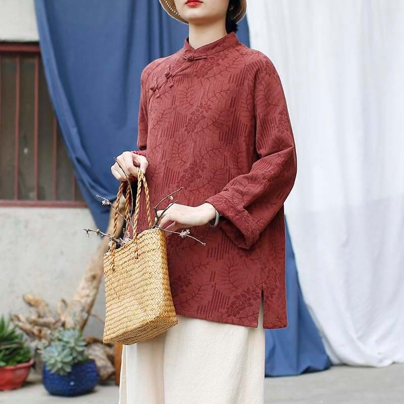 Autumn Chinese Style Blouse Traditional Top Linen Cotton Boho Elegant Women'S Shirt Coffee image number 4