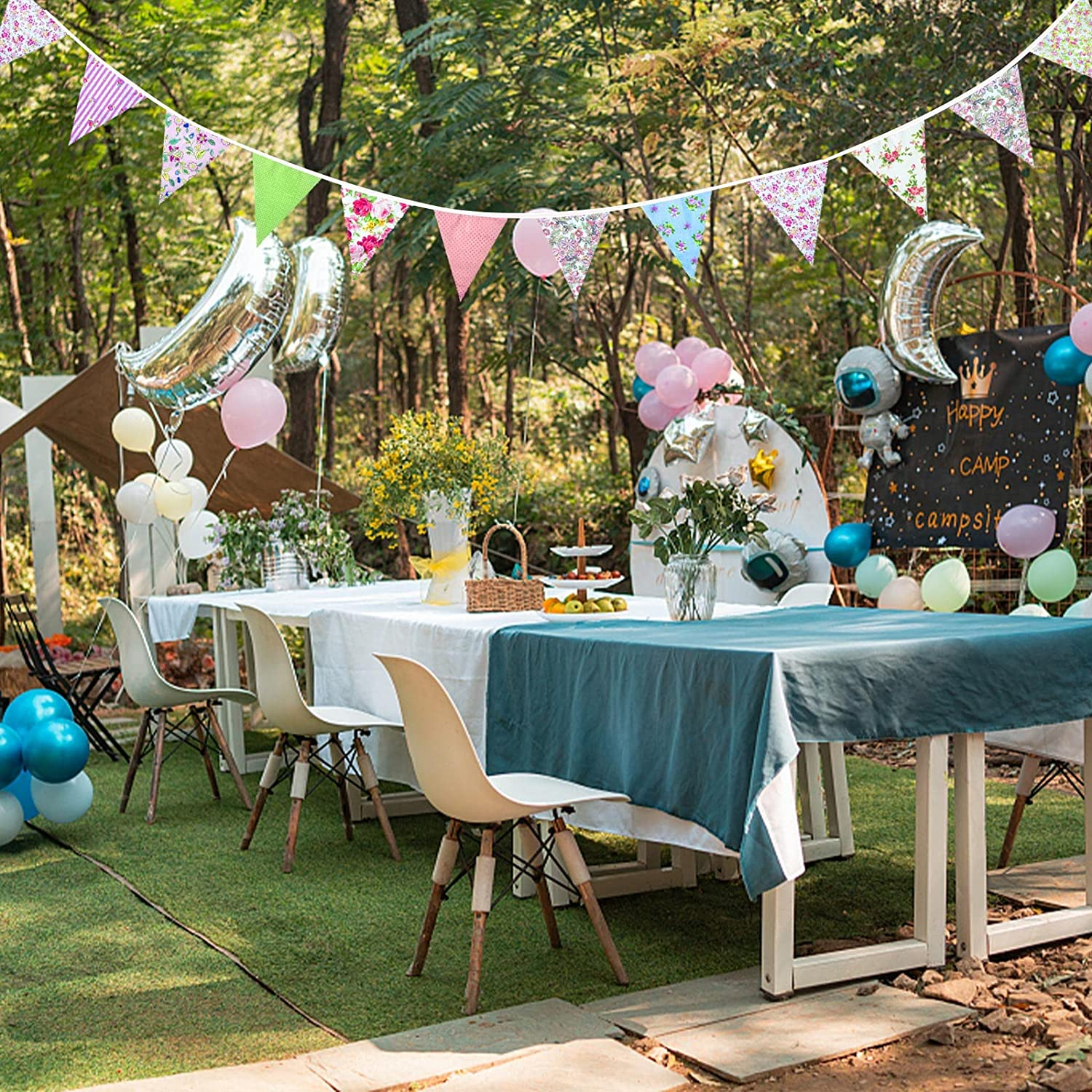 ZCOINS 40Ft/12M Fabric Bunting Banners, 42PCS Floral Vintage Triangle Flags Reusable Cotton Cloth Pennants for Garden Wedding Birthday Party Outdoor Hanging Decoration image number 5