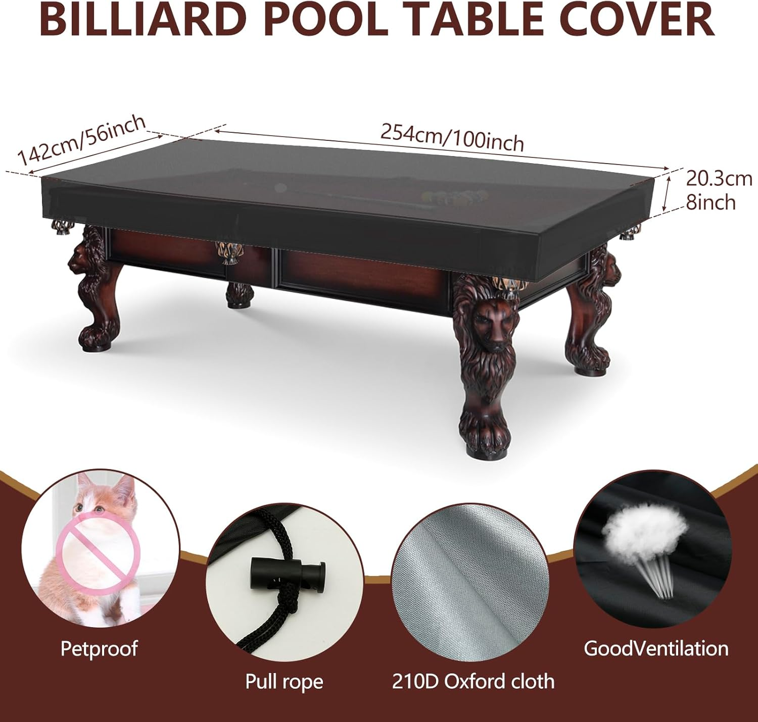 Pool Table Cover, 7FT /8FT Waterproof Billiard Table Cover, Heavy-Duty 210D Oxford Cloth Snooker Table Dust Cover Machine Washable Billiard Table Protector for Pool Table, Black (100X56X8 Inch) image number 1