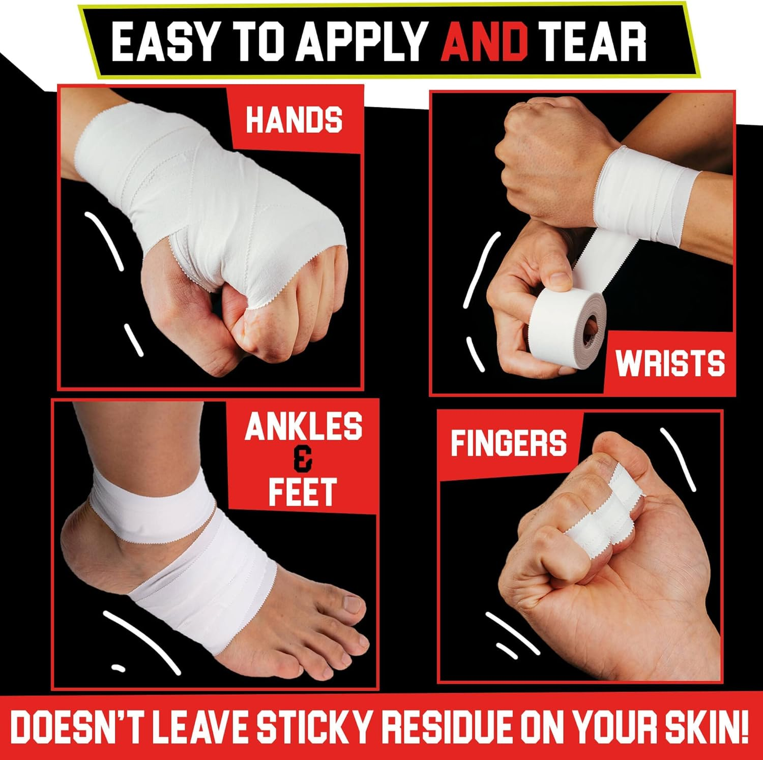 Athletic Tape Extremely Strong: 3 Rolls + 1 Finger Tape. Easy to Apply & No Sticky Residue. Sports Tape for Boxing, Football or Climbing. Enhance Wrist, Ankle & Hand Protection Now image number 6