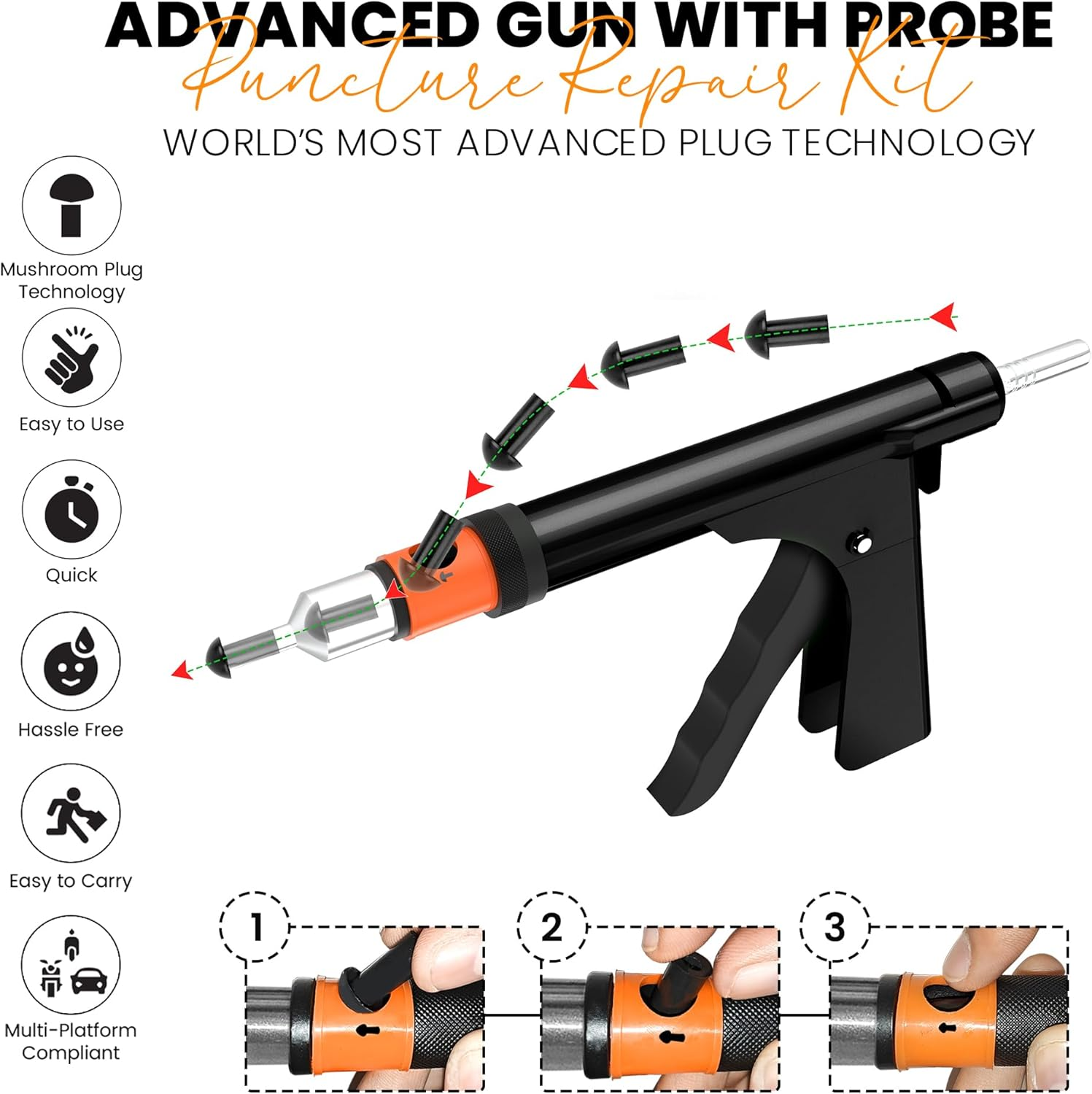 GRAND PITSTOP Tubeless Tire Gun Puncture Repair Kit with Mushroom Plug for Tyre Punctures and Flats on Cars, Motorcycles, ATV, Trucks & Tractors (Gun Puncture Kit with Hole 15 Plugs, Black) image number 4