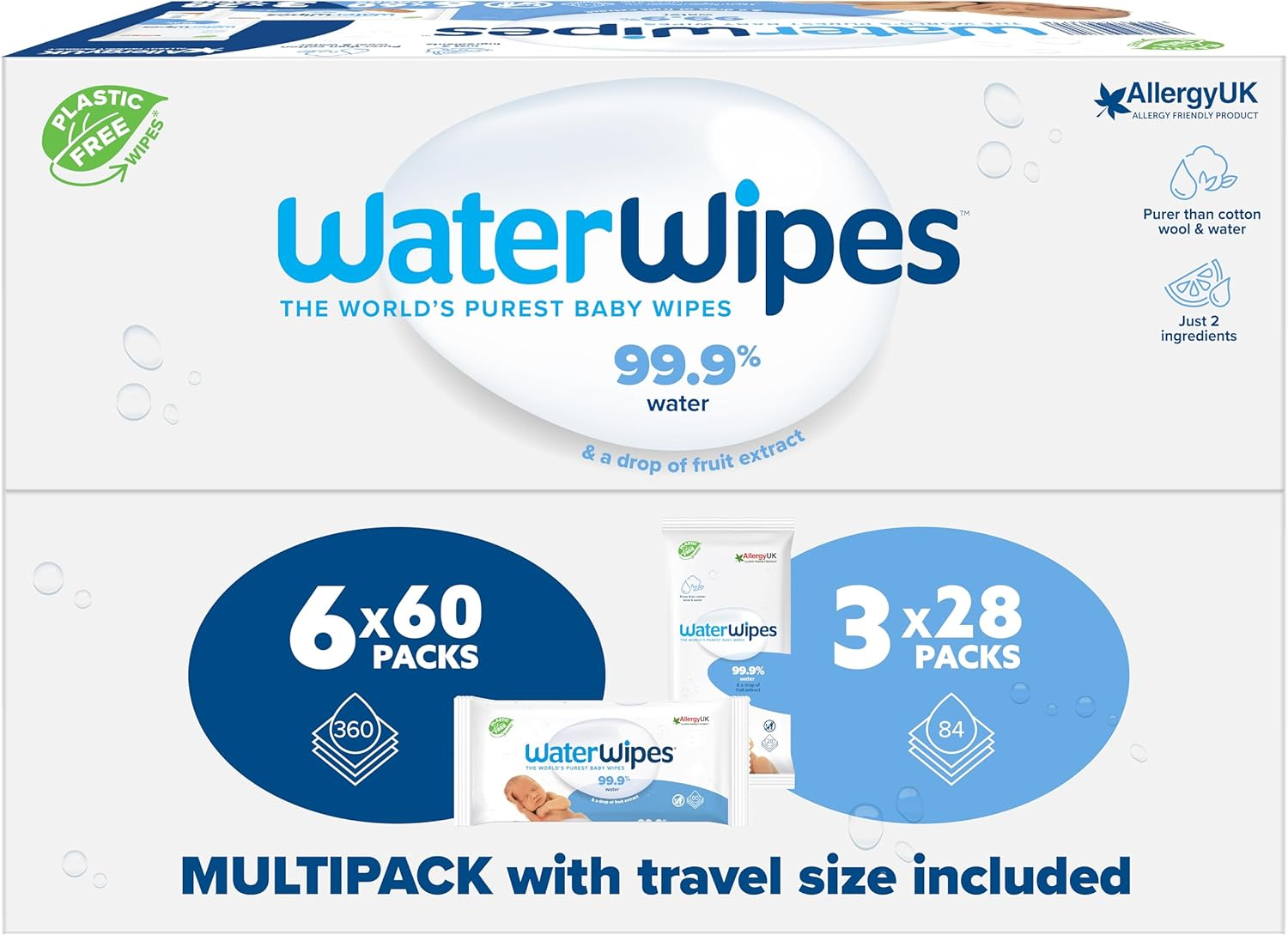 Waterwipes 444 Pack, Mixed Baby Wipes, 99.9% Water Based Wet Wipes, Unscented & Hypoallergenic (6 Packs X 60 Wipes + 3 Packs X 28 Wipes)