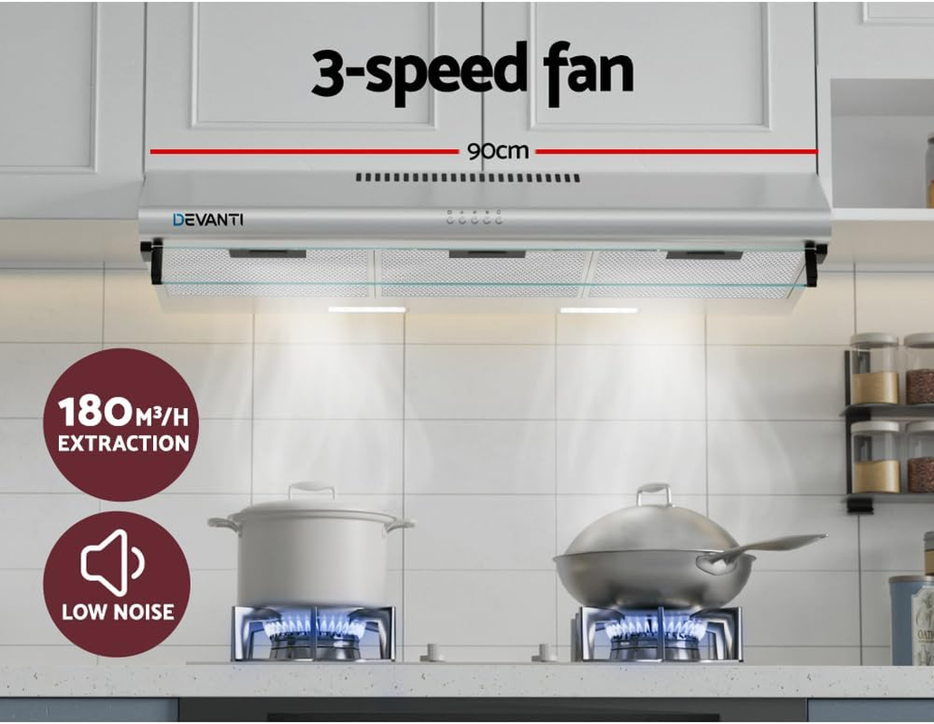 Devanti Range Hood 90Cm 900Mm Wall Mount Canopy, Stainless Steel Recirculating Duct Kitchen Ventilation, 3 Speed Exhaust Fan Aluminium Filters LED Lights Silver