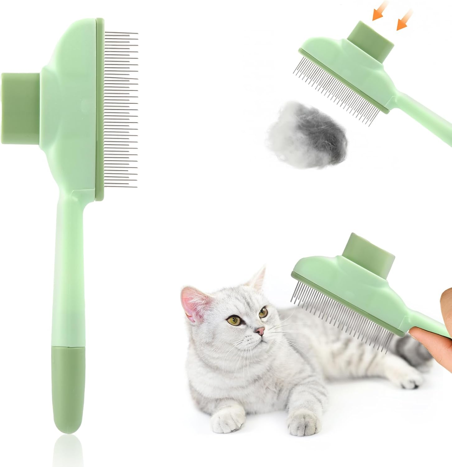 Cat Brush - Cat Brush with Release Button, Self-Cleaning Pet Hair Grooming Brush & Flea Comb for Cats and Dogs - for Long and Short Hair Care, Removes Undercoat & Loose Hair (Green) image number 2