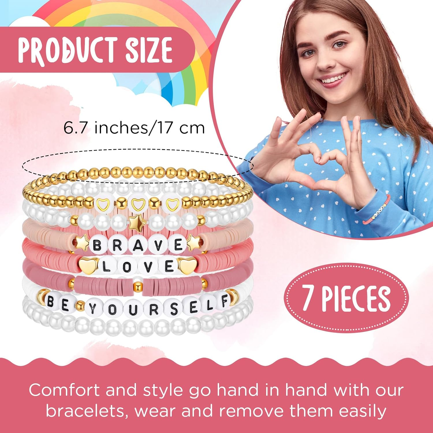 Landical 7 Pcs Friendship Beaded Bracelets Valentines Bracelets Heishi Preppy Bracelets Cute Jewelry Gifts for Women Girls - Blue image number 4