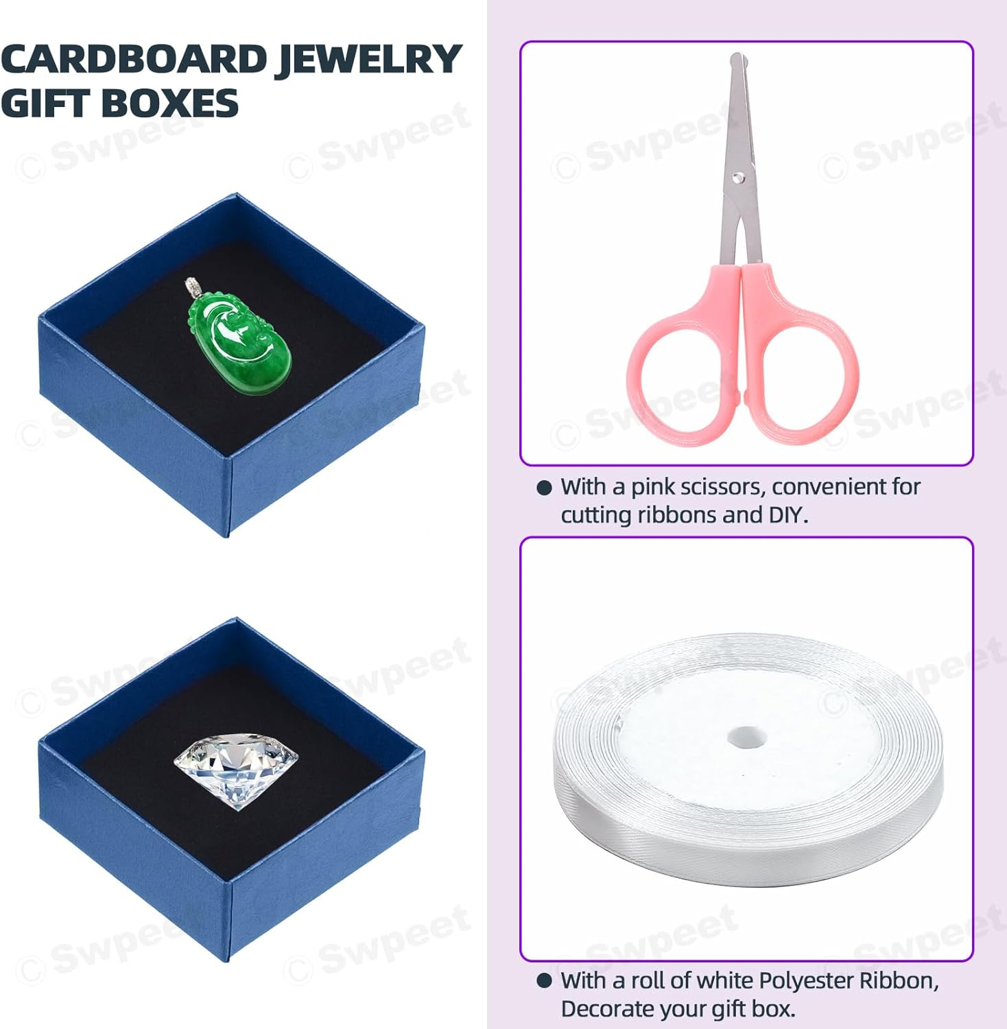 Swpeet 17Pcs 2.95 X 2.95 X 1.2Inch Sapphire Blue Fan Pattern Cardboard Jewelry Gift Boxes with Scissors and Polyester Ribbon Assortment Kit, Necklace Earring Bracelet Boxes Gift Case for Jewelry - Black image number 6