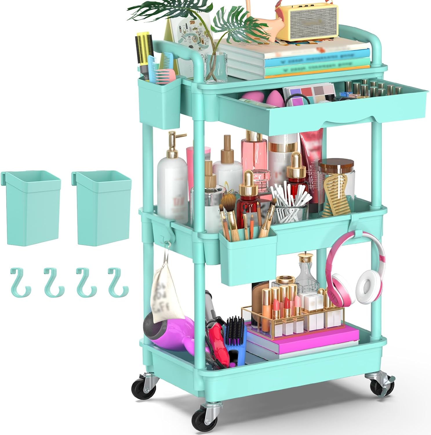 Yeabett 3 Tier Craft Trolley, Storage Trolley on Wheels Utility Cart with Drawer for Kitchen, Bathroom, Office, Living Room, Blue image number 3