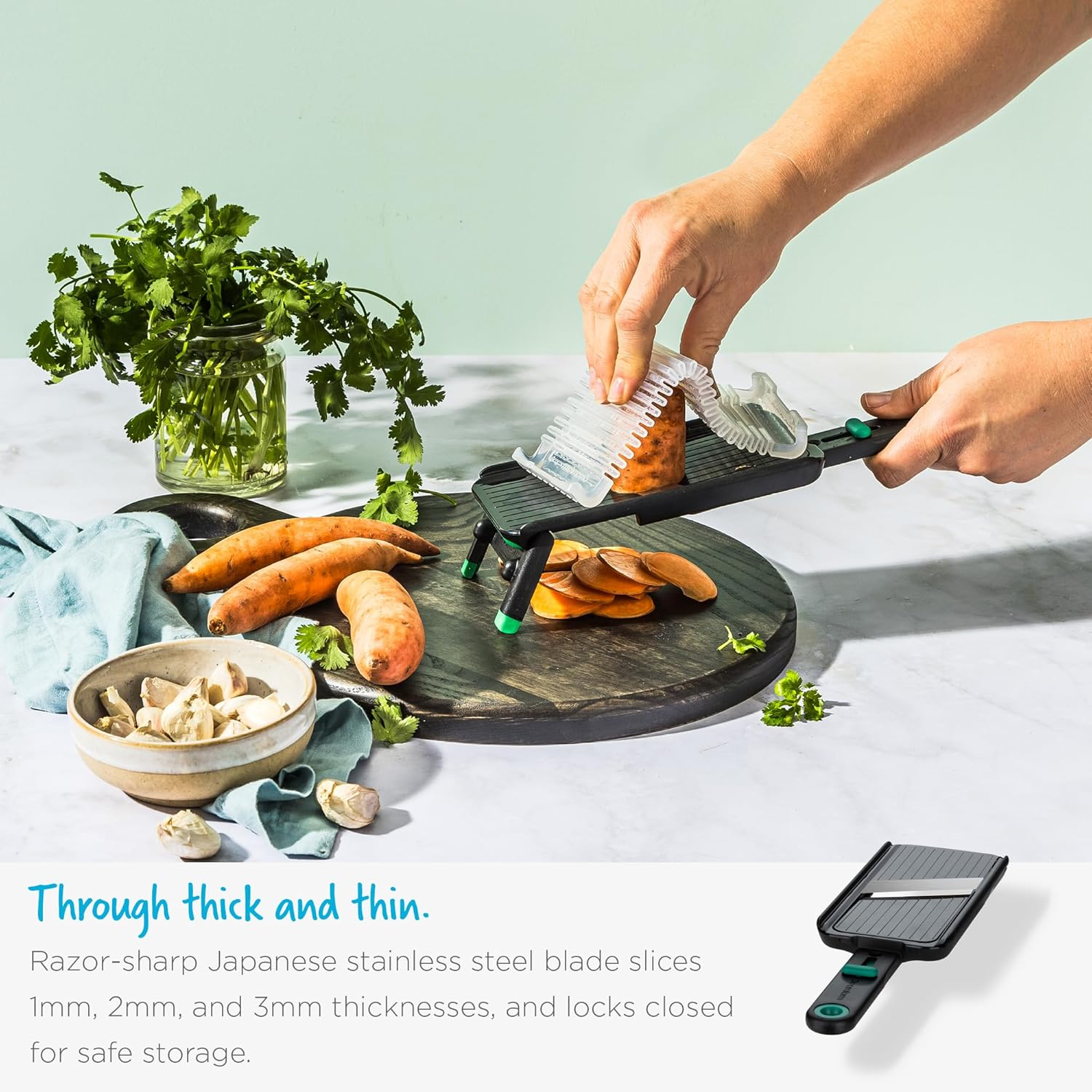 Dreamfarm Nocutu Handheld Safety Mandoline Slicer, Food Vegetable Cutter with Non-Slip Bowl Hook & Foot - Adjustable 1-3Mm Slicer, Black/Green image number 4