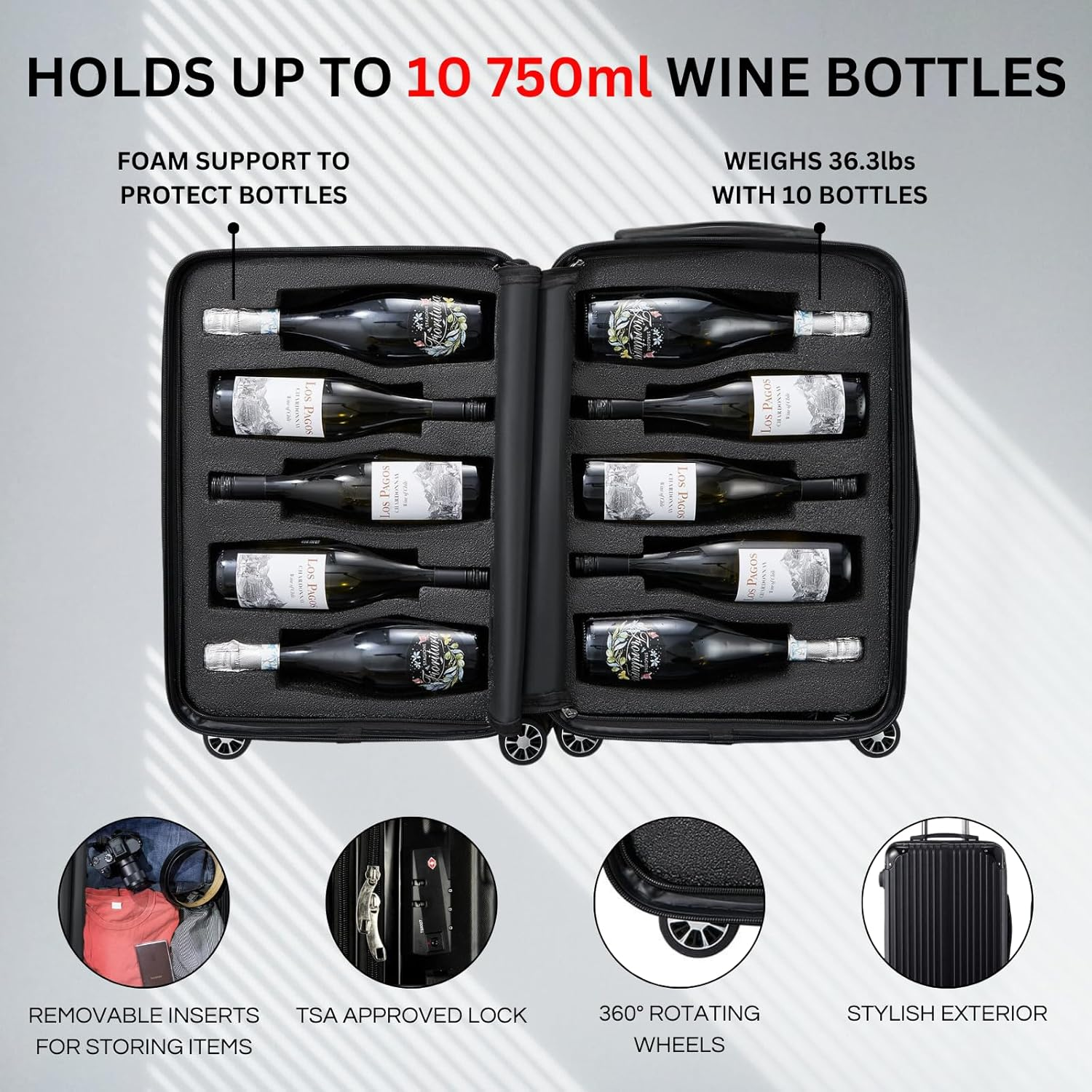Wine Bottle Suitcase | Holds 10 Standard 750 ML Size Bottles | Universal Airplane Luggage Case, TSA Approved Wheeled Bag for Professionals and Consumers, Gift for Wine Lovers & Connoisseurs (24 IN), image number 4
