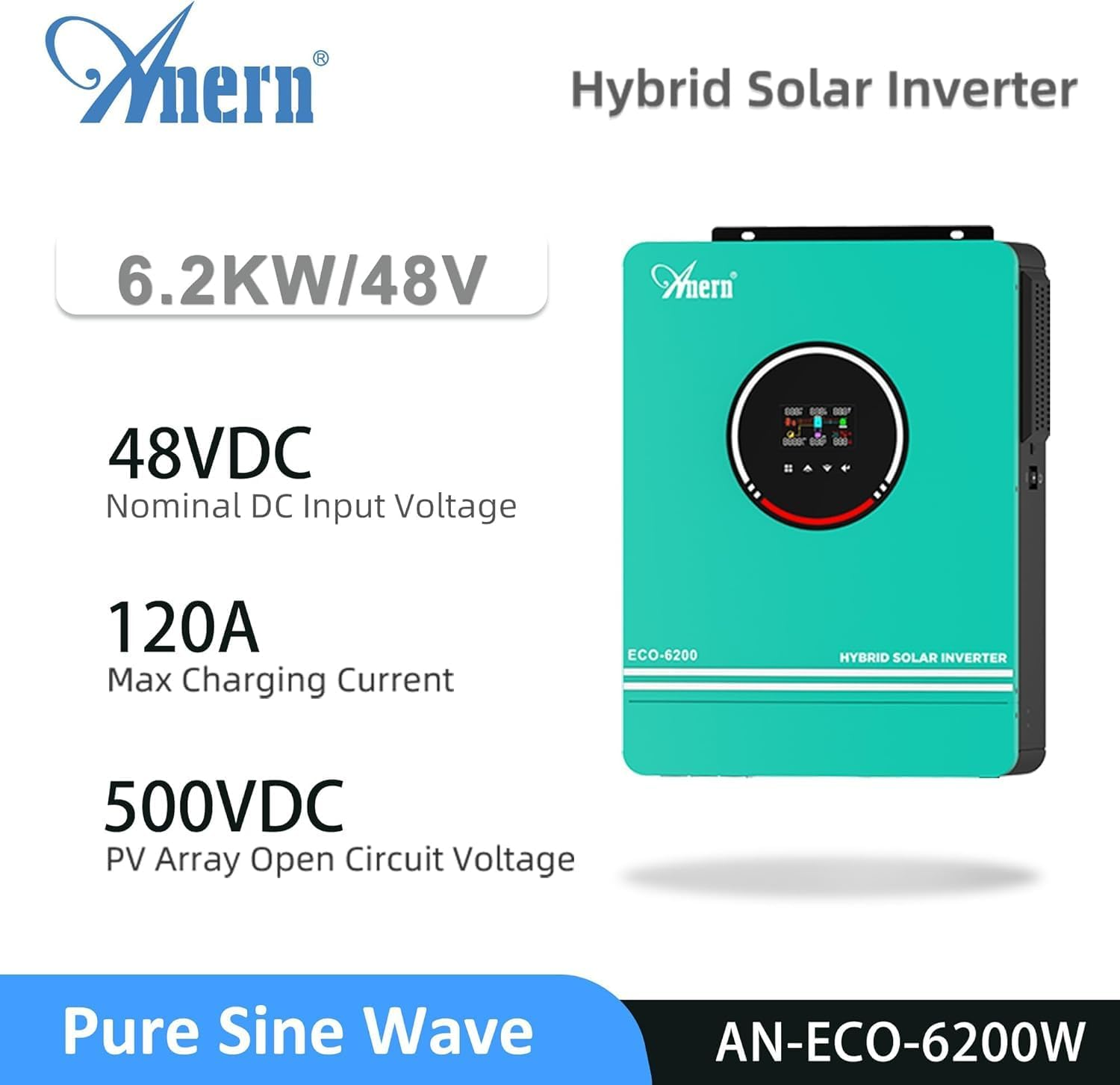 Anern 6200W MPPT Hybrid Solar Inverter 48V off Grid 230Vac Pure Sine Wave with 120A Charge Controller - Multifunctional Wifi Support image number 1