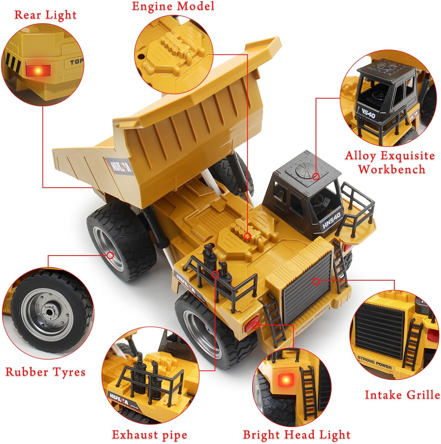 Fisca 6 Ch 2.4G Alloy Remote Control Dump Truck 4 Wheel Driver Mine Construction Vehicle Toy Machine Model with LED Light image number 4