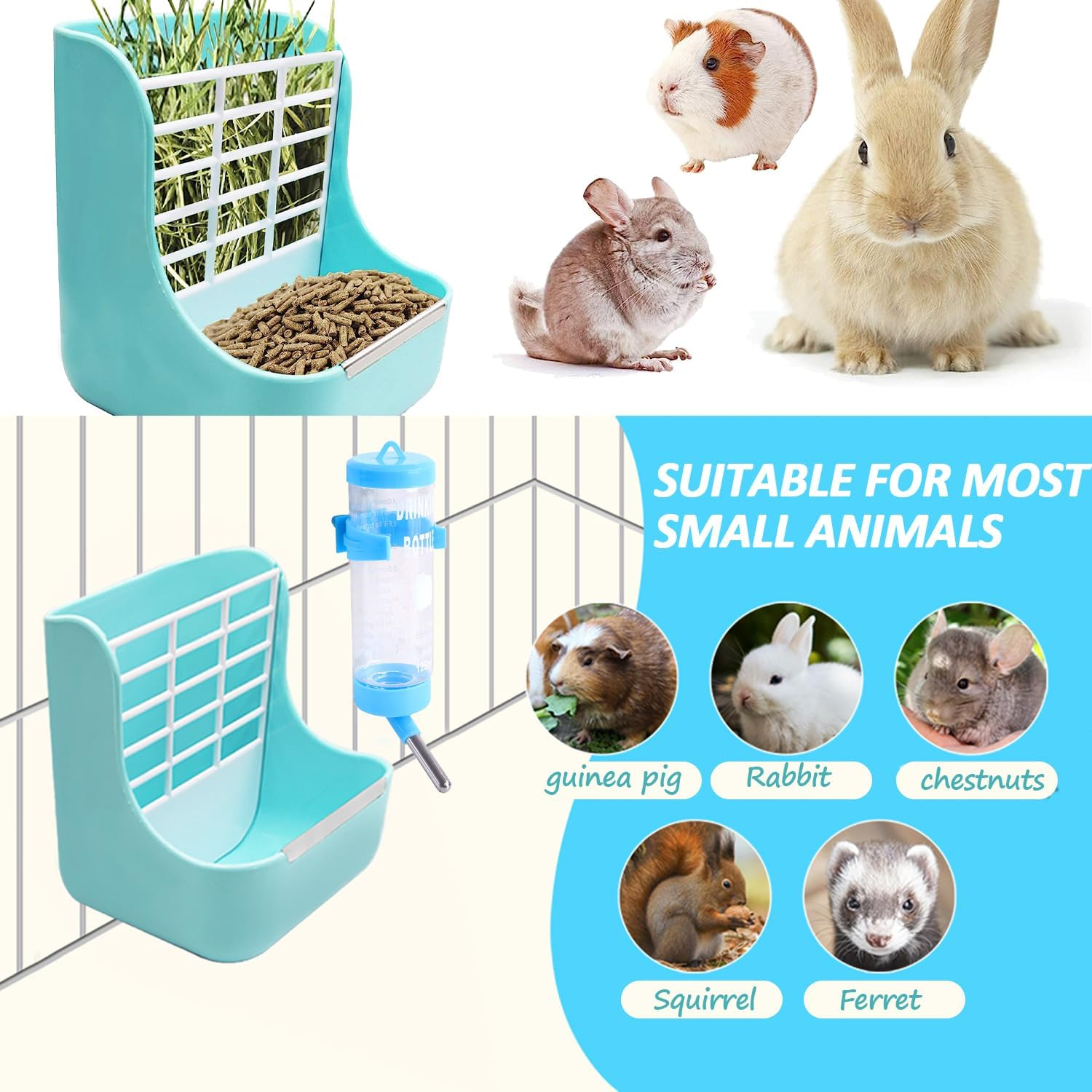 Rabbit Feeder and Water Dispenser Set, Hanging Hay Food Bin, 2 in 1, Food Bowl for Bunny, Chinchillas, Guinea Pigs and Other Small Animals, Keep Hay and Pellet Organized (Blue) image number 4