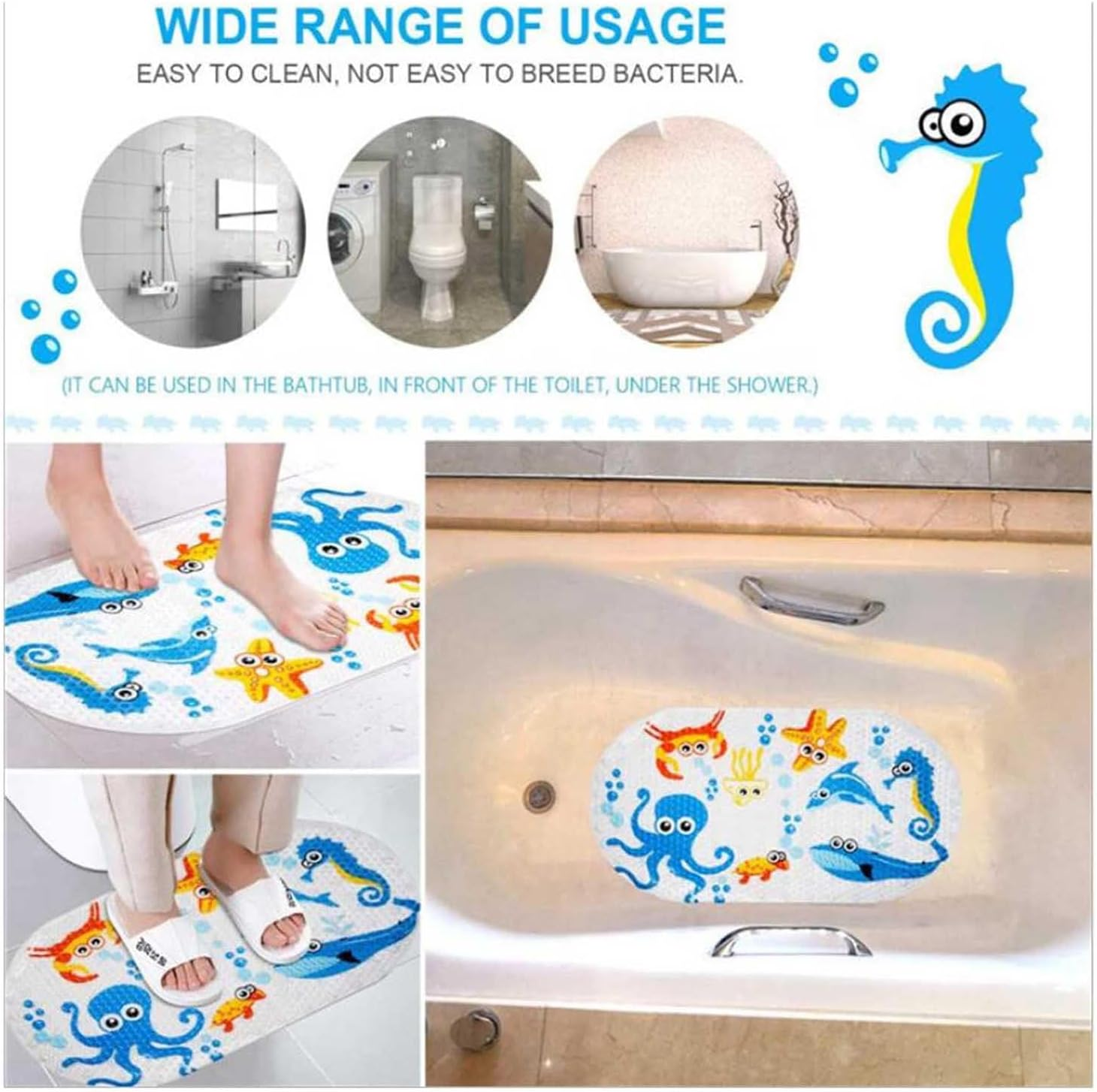 QYINXIU Cartoon Baby Bath Mat for Kids, Bathtub Mat Non Slip, Bath Tub Shower Mat anti Slip with Drain Holes and Suction Cups Machine Washable, 27.2 X 15 Inch image number 5
