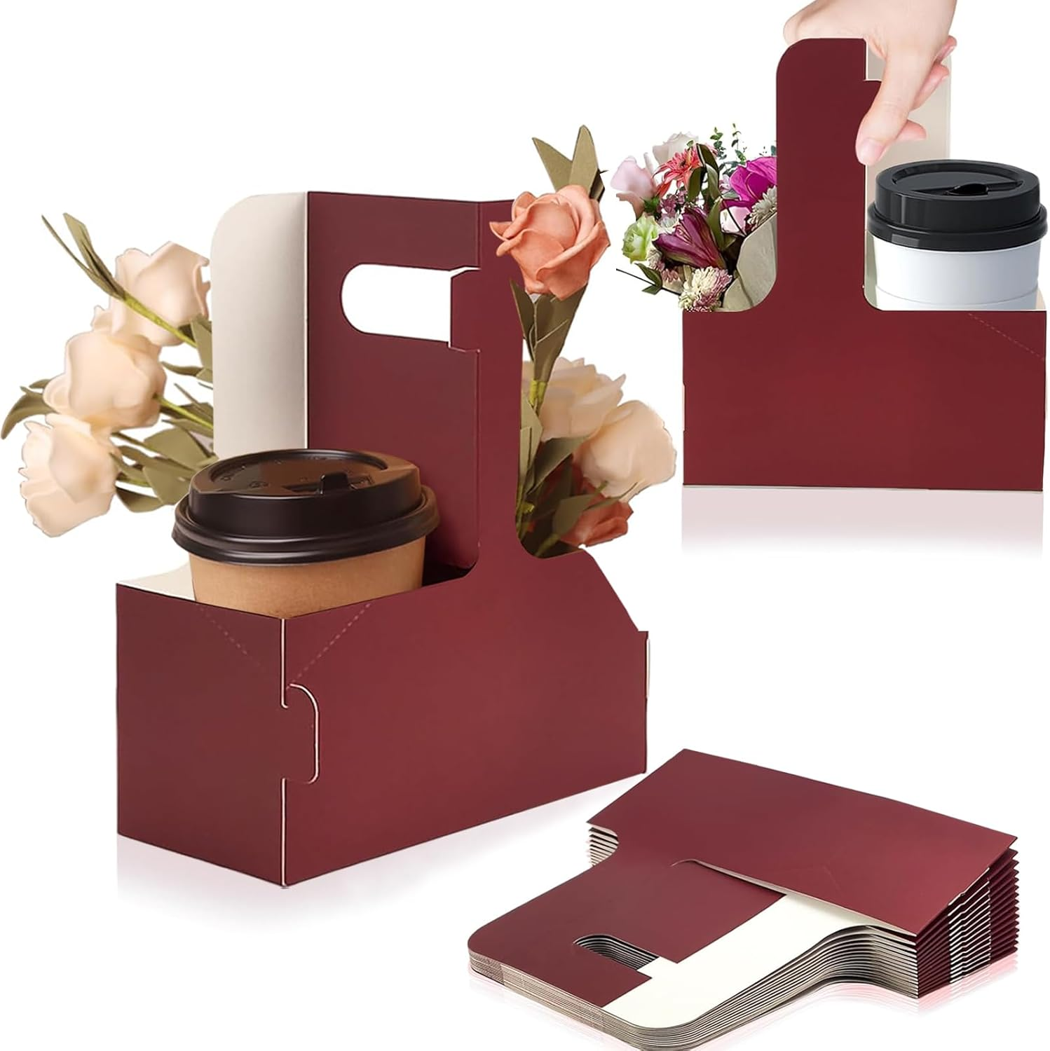 20 Paper Cup Holders, 2 Cardboard Cup Holders, Drink Carrier with Handle, Portable Foldable Cup Holder, Suitable for Hot or Cold Drinks, Coffee Carrier, Takeaway Cup Holder for Coffee and Drinks (Red) image number 1