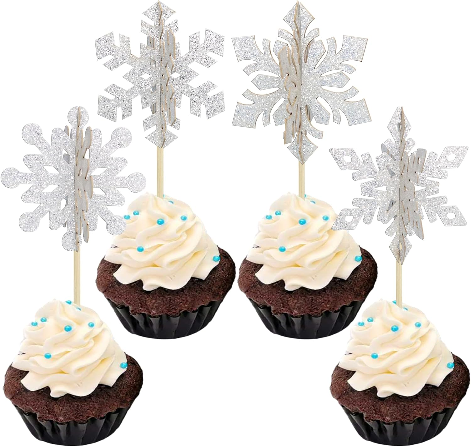 Gyufise 24Pcs 3D Snowflake Cupcake Toppers Double Side Glitter Winter Frozen Cupcake Pick Decorations Winter Theme Party Christmas Baby Shower Birthday Decoration Supplies Silver image number 6
